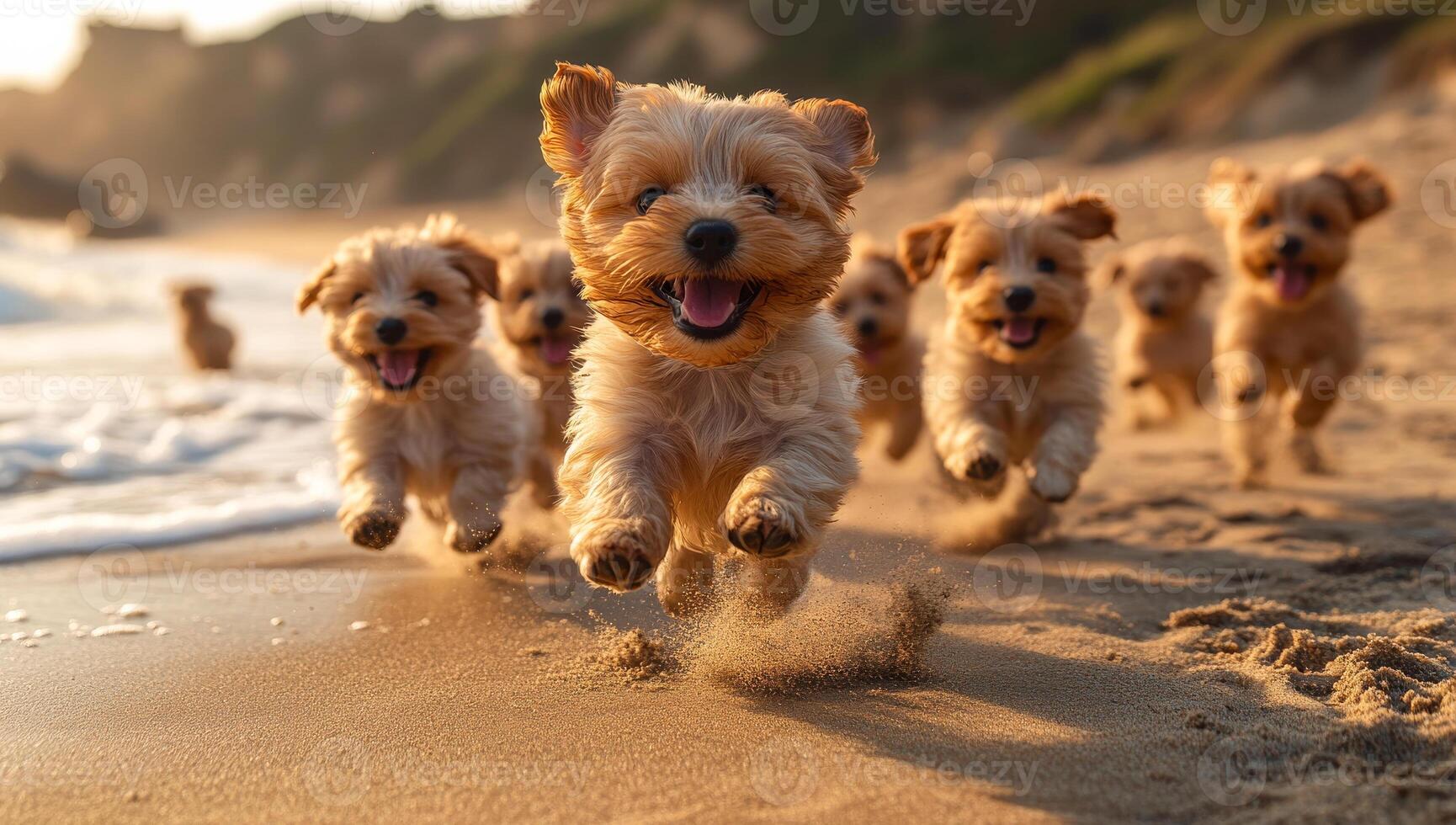 Puppies playing joyfully on the beach. A group of puppies runs excitedly along the sandy beach during sunset, splashing water and enjoying the warm air. photo