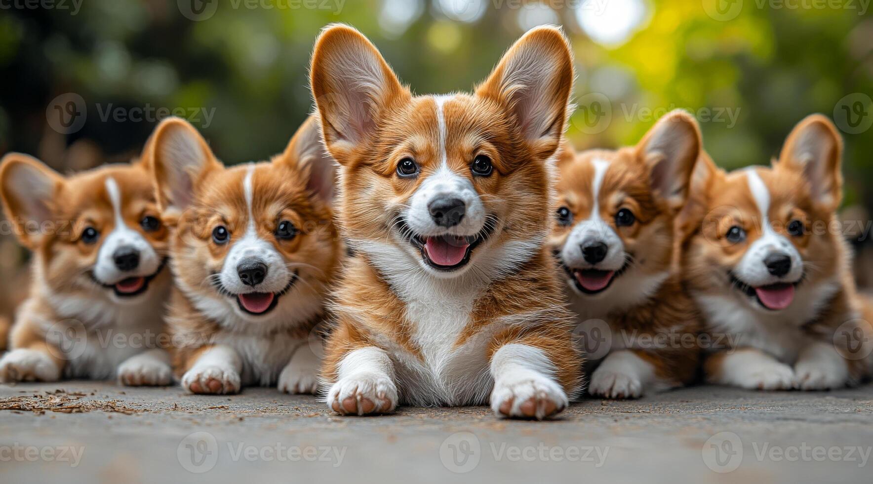Corgi puppies playing in a sunny park. Five adorable corgi puppies are lounging together in a sunny park, enjoying a playful moment on a warm day. photo