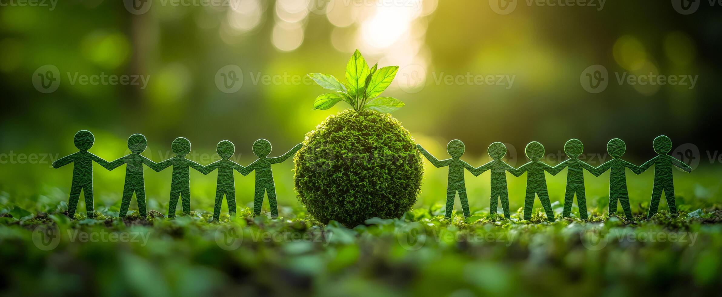 Community unites to protect the planet. People made of paper hold hands around a moss-covered globe, symbolizing unity and environmental protection in nature. photo