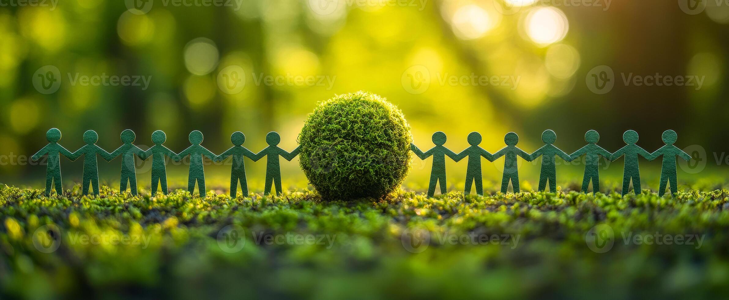 Unity boosts eco-awareness. Small figures join hands around a green moss ball, symbolizing unity in protecting the environment. photo