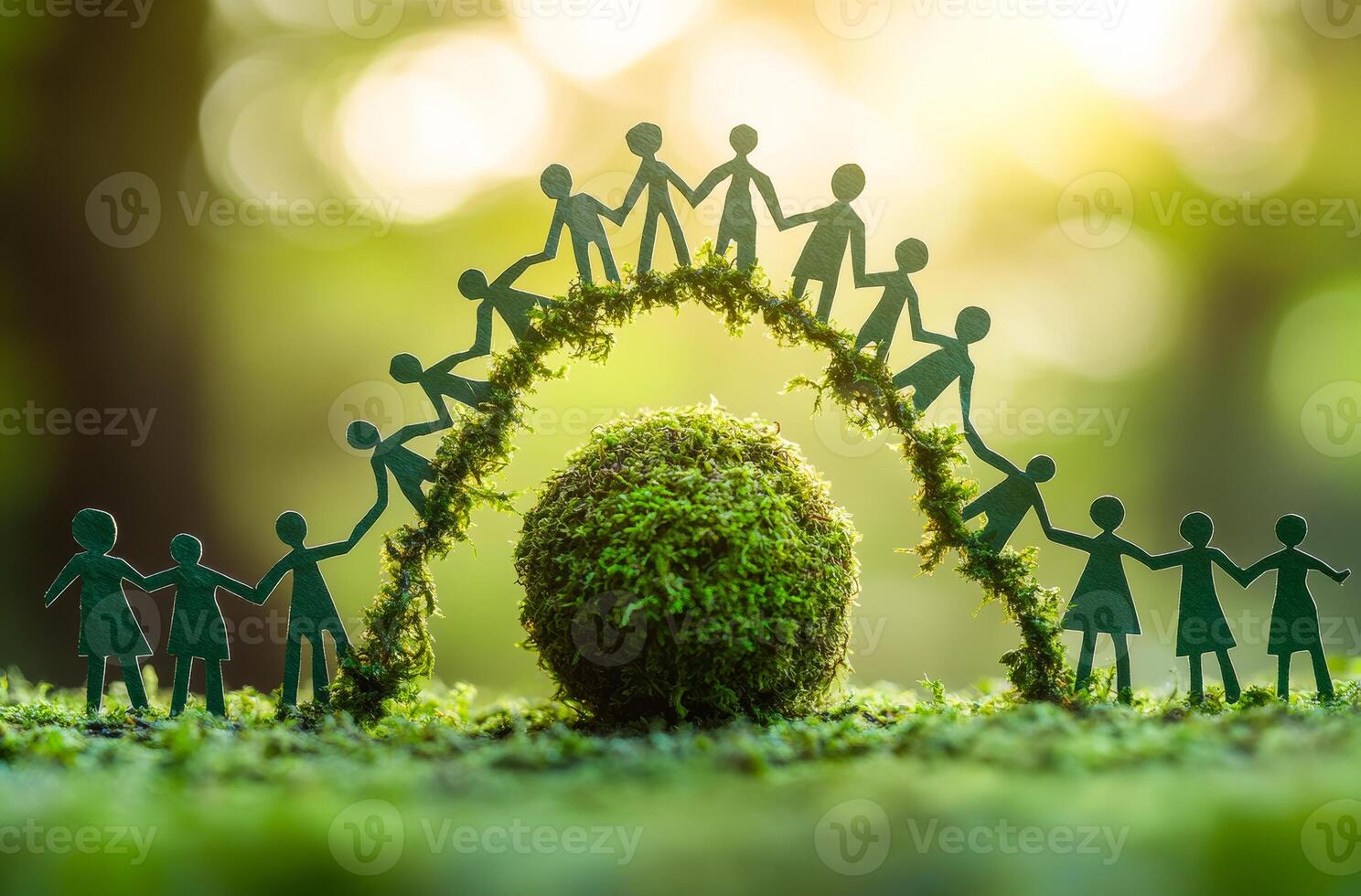 Community unity in nature fosters growth. Small paper figures hold hands in an arch over a mossy sphere, symbolizing unity and environmental care in nature. photo