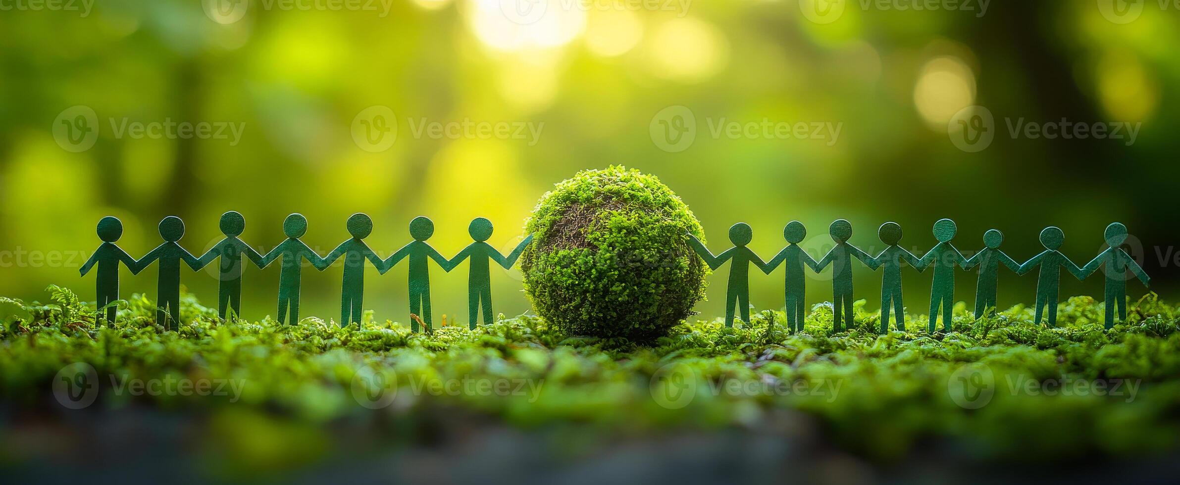 Green figures unite for nature. Small green figures stand hand in hand around a moss-covered globe, symbolizing unity in nature conservation efforts. photo