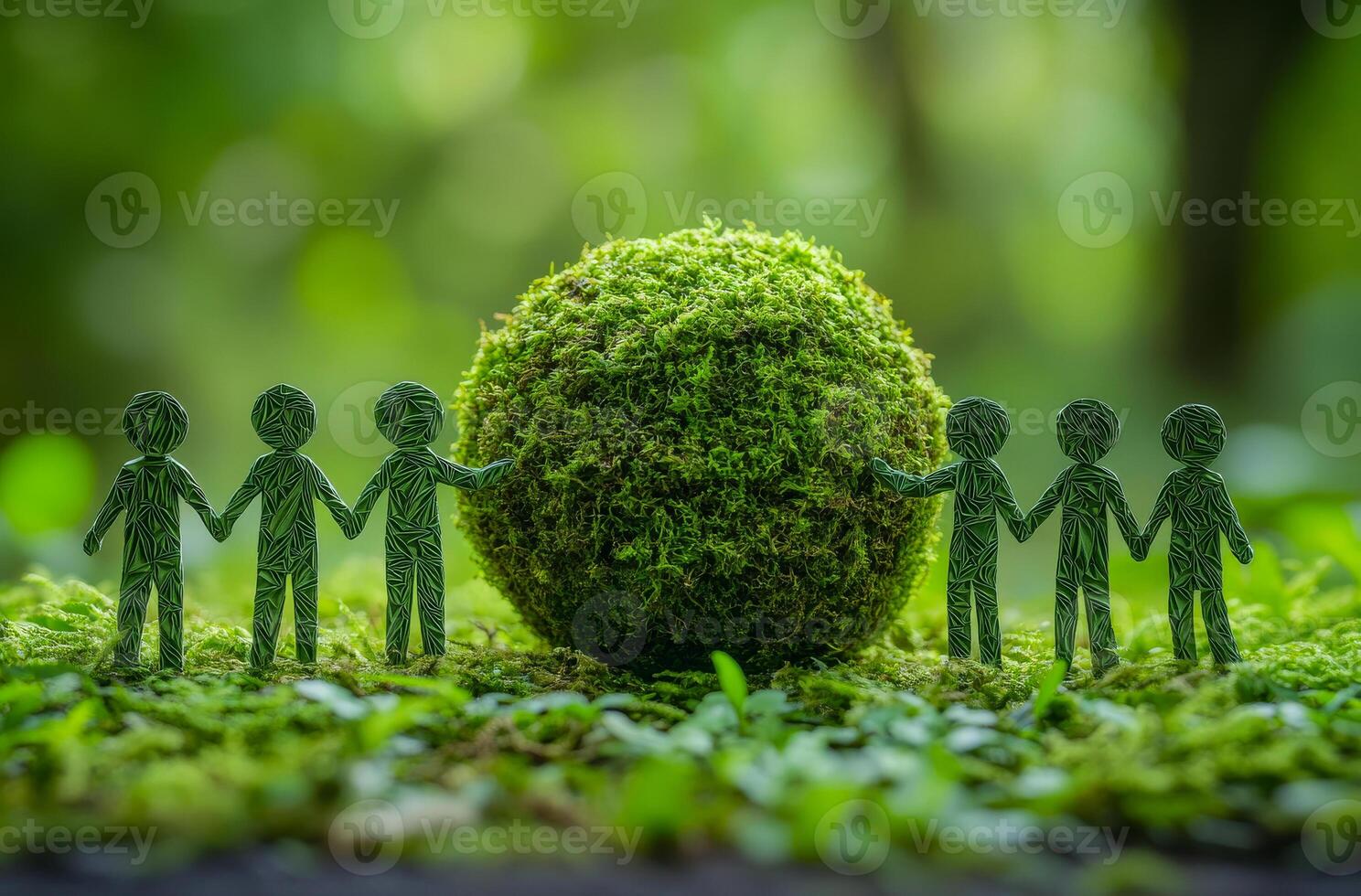 Together for the planet. Figures made of green materials hold hands around a moss-covered sphere in a lush, vibrant forest setting. photo