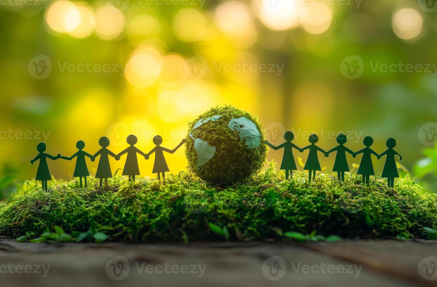 People unite for environmental awareness. Figures hold hands around a moss-covered globe, symbolizing unity in the fight for environmental sustainability. photo