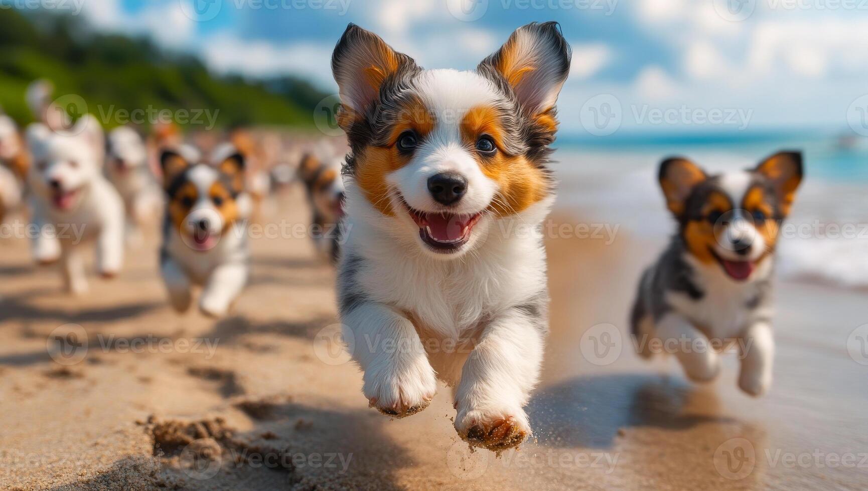 Corgis frolic joyfully on sandy beach. A group of playful corgis runs excitedly along the shoreline, enjoying a sunny day by the ocean. photo
