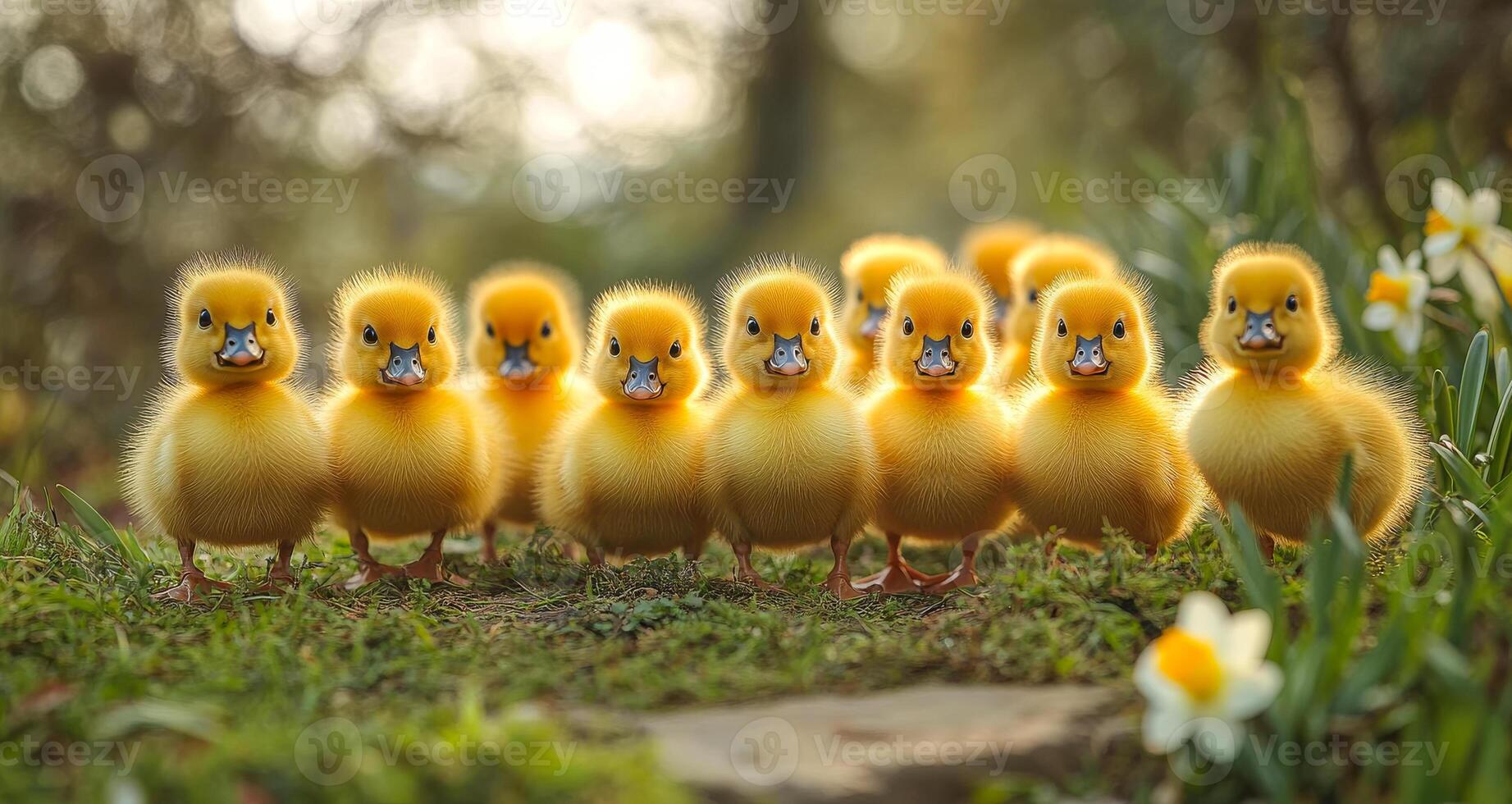 Fluffy ducklings in the sun. Fluffy yellow ducklings gather in a lush garden surrounded by greenery and yellow flowers during daylight. photo