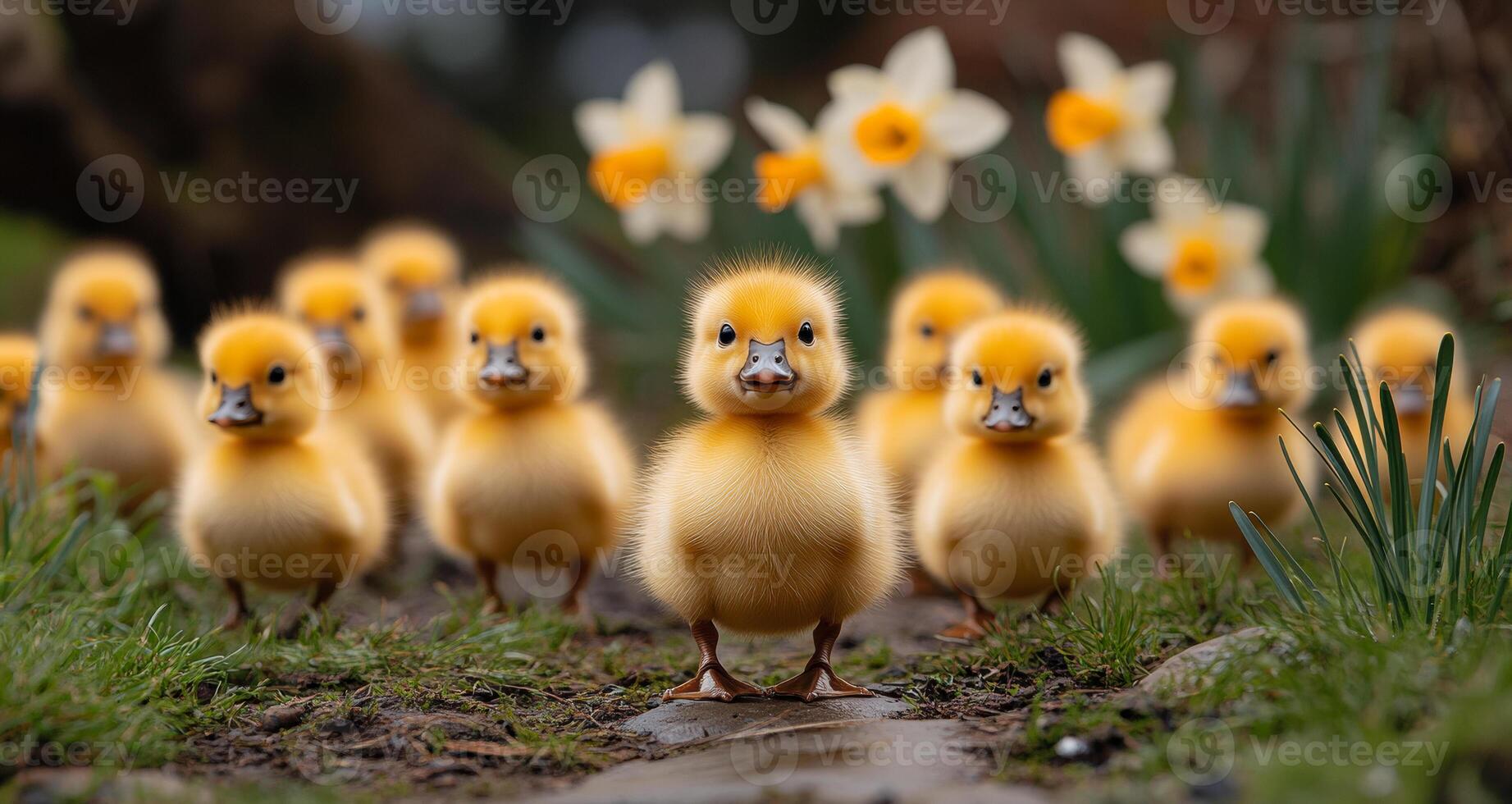 Yellow ducklings walking among flowers. Yellow ducklings stroll a path lined with blooming daffodils, adding to the cheerful spring vibe. photo