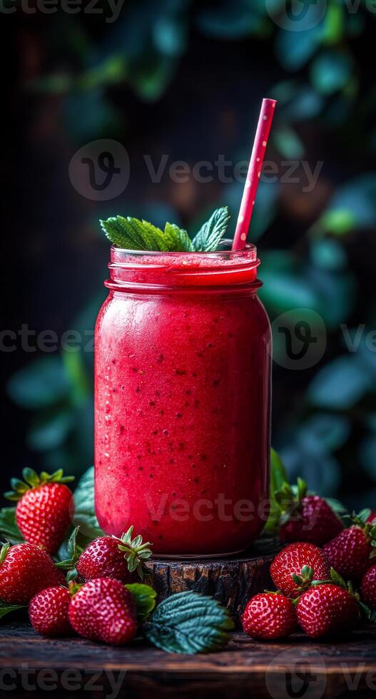 Fresh strawberry smoothie in mason jar. A vibrant strawberry smoothie sits in a mason jar adorned with mint leaves, surrounded by fresh strawberries. photo