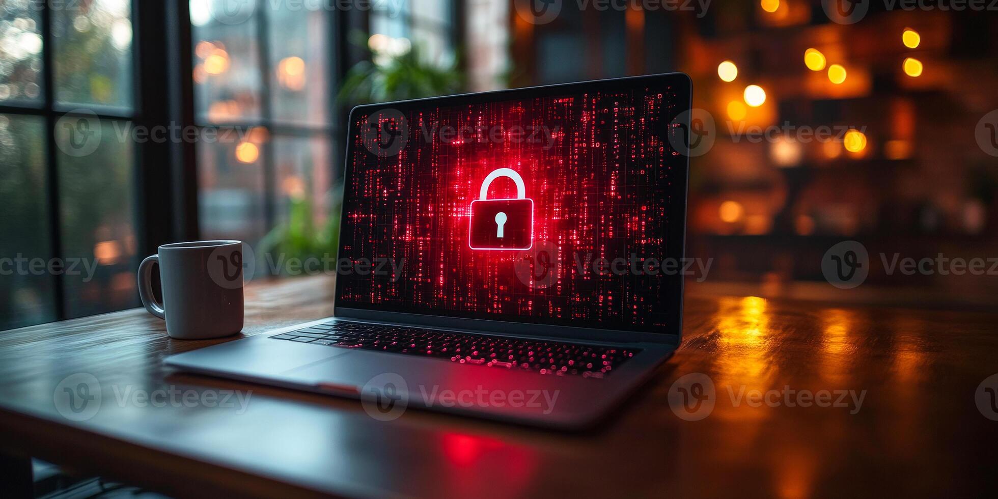 Cybersecurity in the workplace. A laptop displays a red lock symbol on the screen, emphasizing cyber security in a cozy workspace with soft lighting. photo