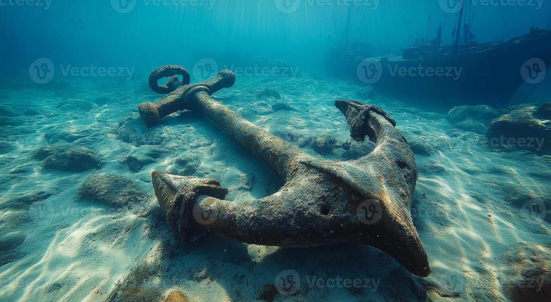 Ancient anchor resting on ocean floor. Rustic anchor lies on the sandy ocean floor surrounded by rocks and remnants of a shipwreck under clear water. photo