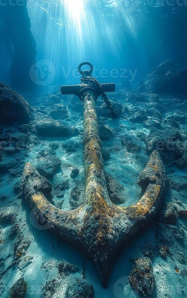 Sunlight shining on a submerged anchor. An old, rusted anchor rests on the ocean floor, illuminated by beams of sunlight filtering through the water. photo