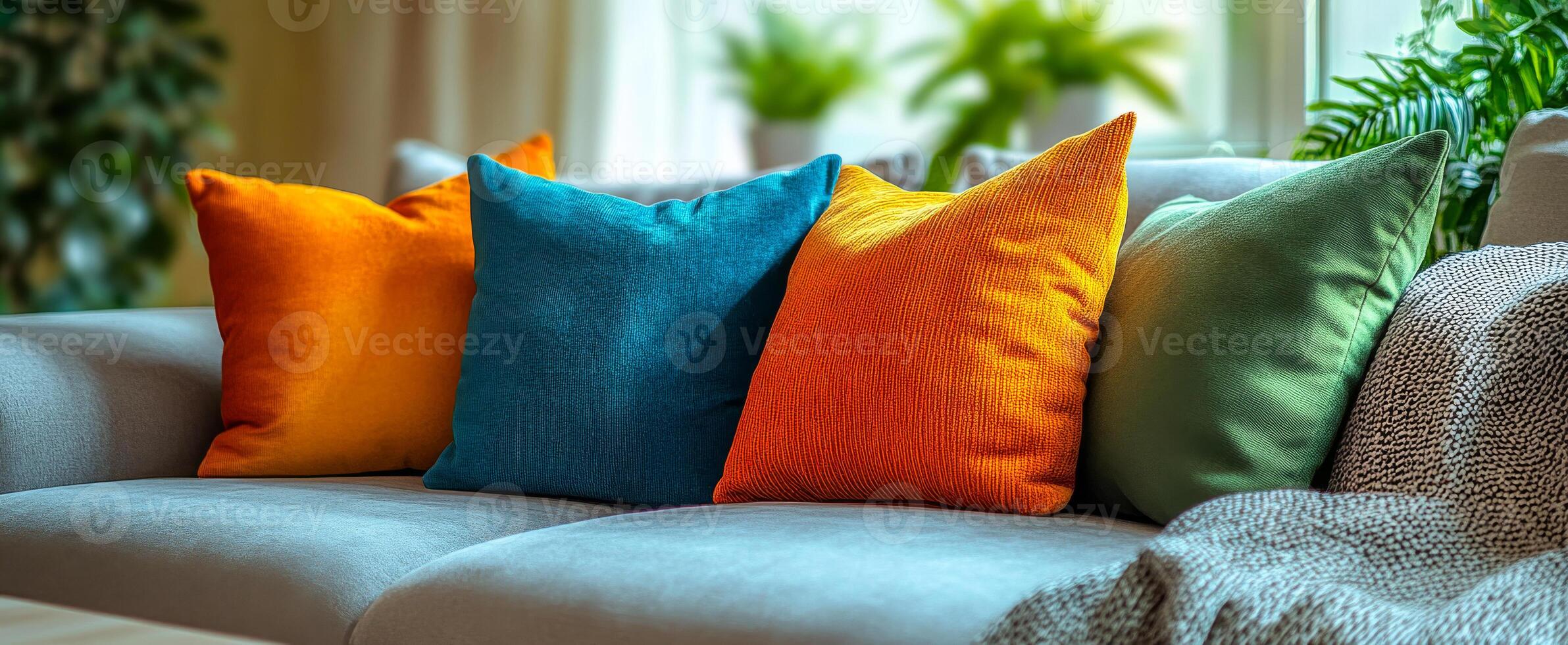 Cozy sofa with colorful pillows. Colorful pillows in orange, teal, and green brighten a light gray sofa, making the living space inviting. photo