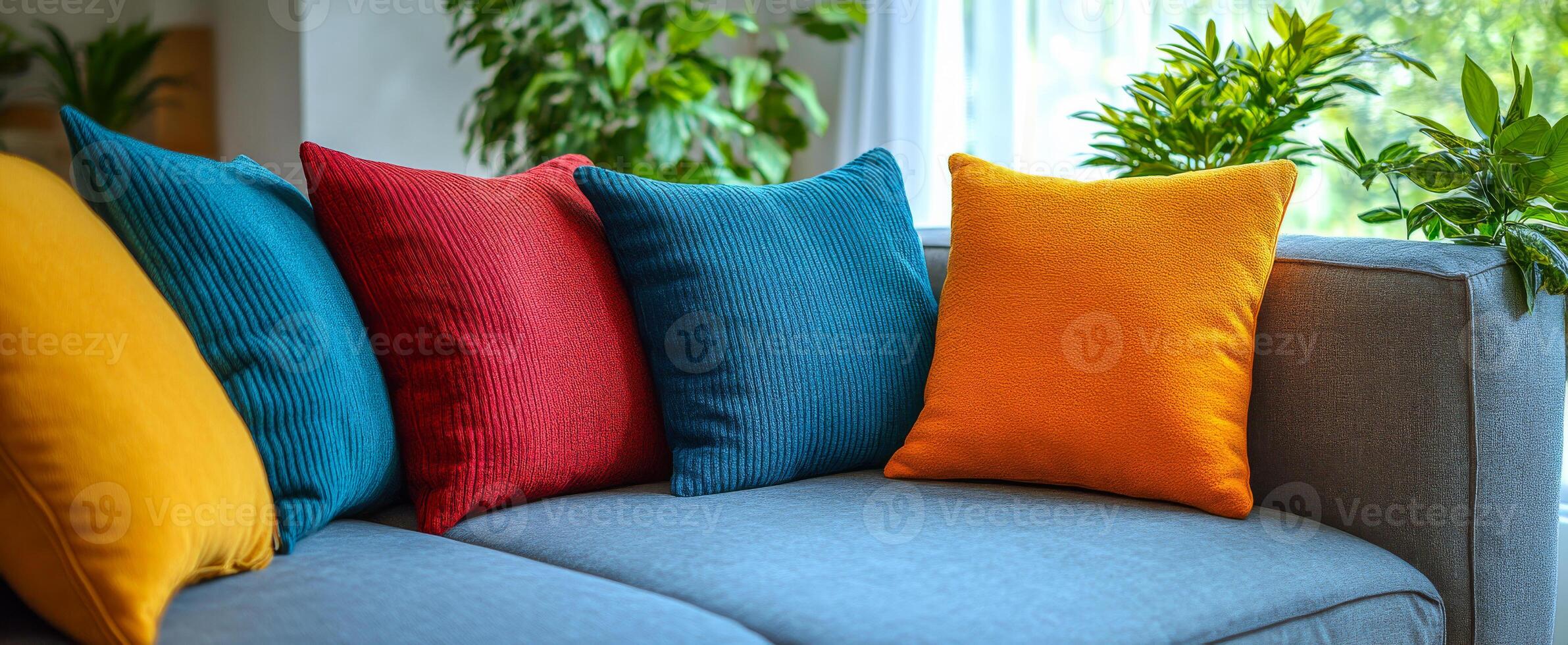 Colorful pillows on a cozy sofa. Bright cushions in various colors decorate a modern gray sofa in a sunlit room filled with plants. photo