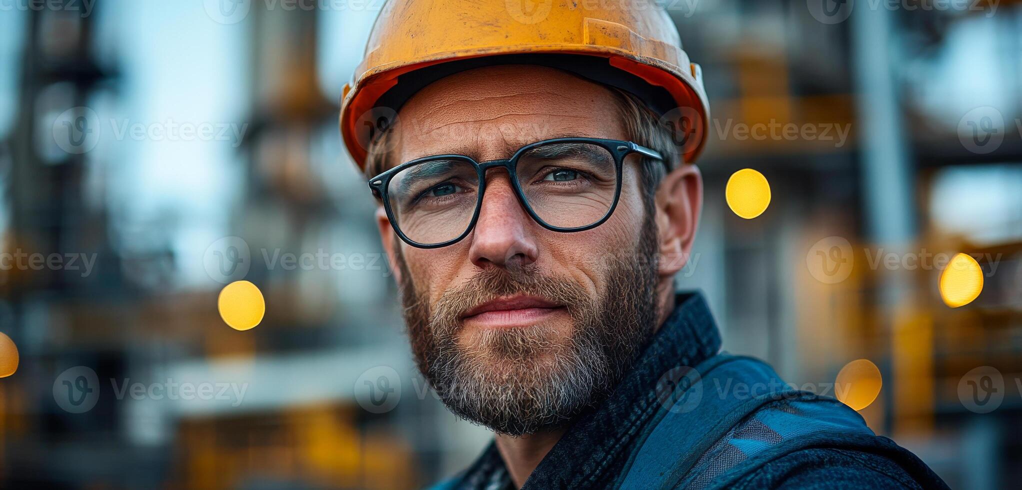Worker at industrial site during sunset. A man in safety gear stands at an industrial location, confident and focused, with machinery in the background. photo