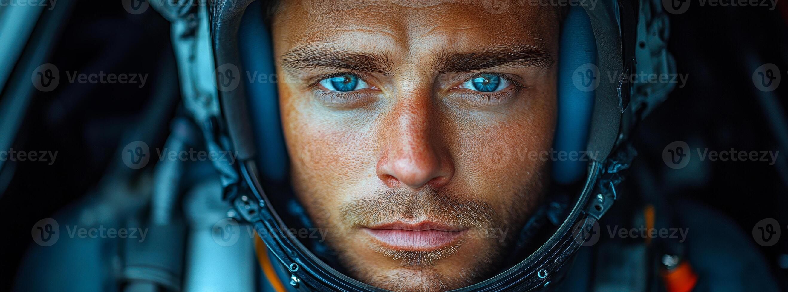 Close-up of a pilot preparing for flight. A pilot in a helmet is focused and ready for takeoff, showcasing intense blue eyes and determination. photo