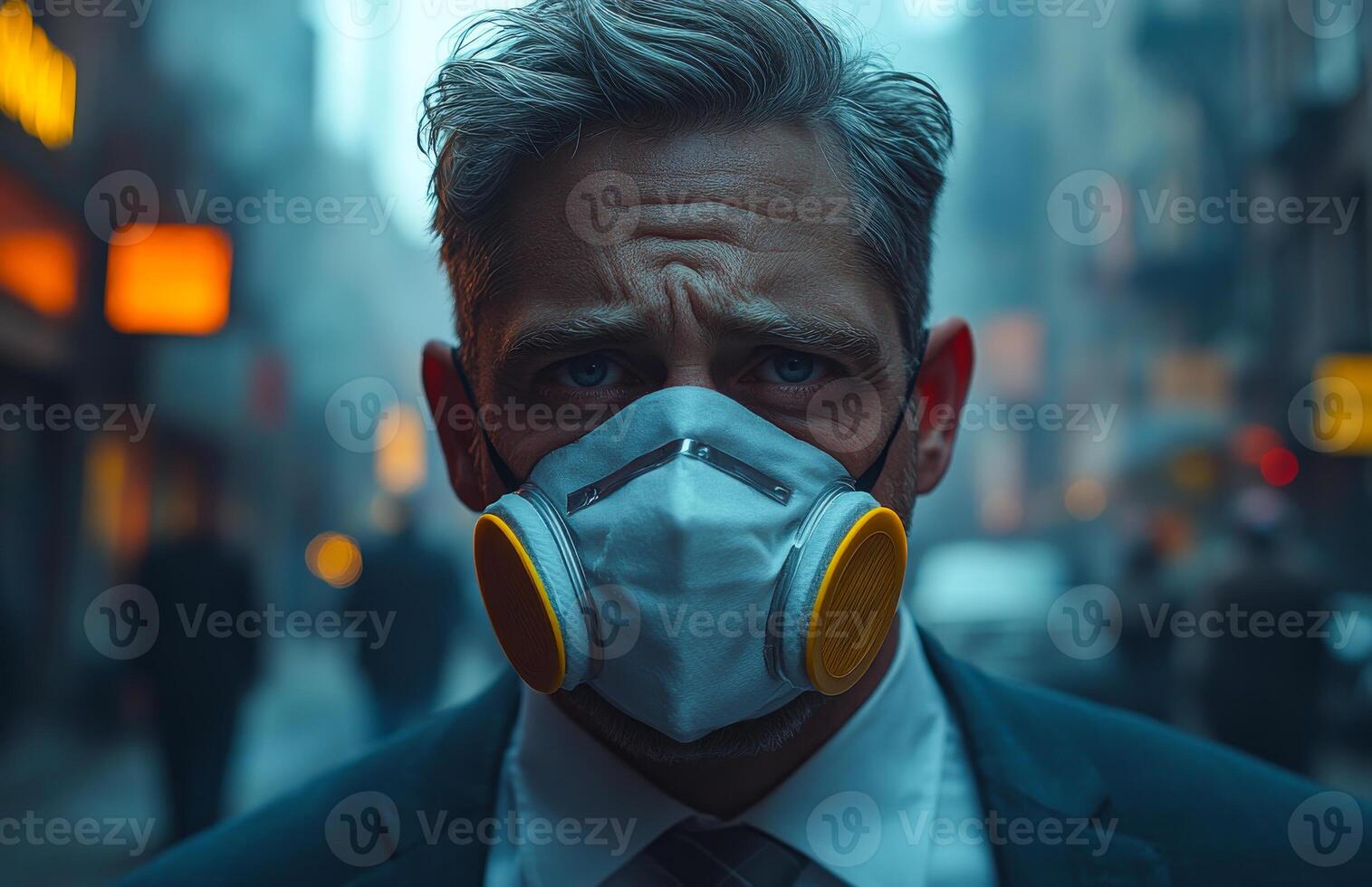 Masked man strolls in foggy city. A man in a gas mask walks through a foggy urban area at twilight, enhancing the atmosphere. photo