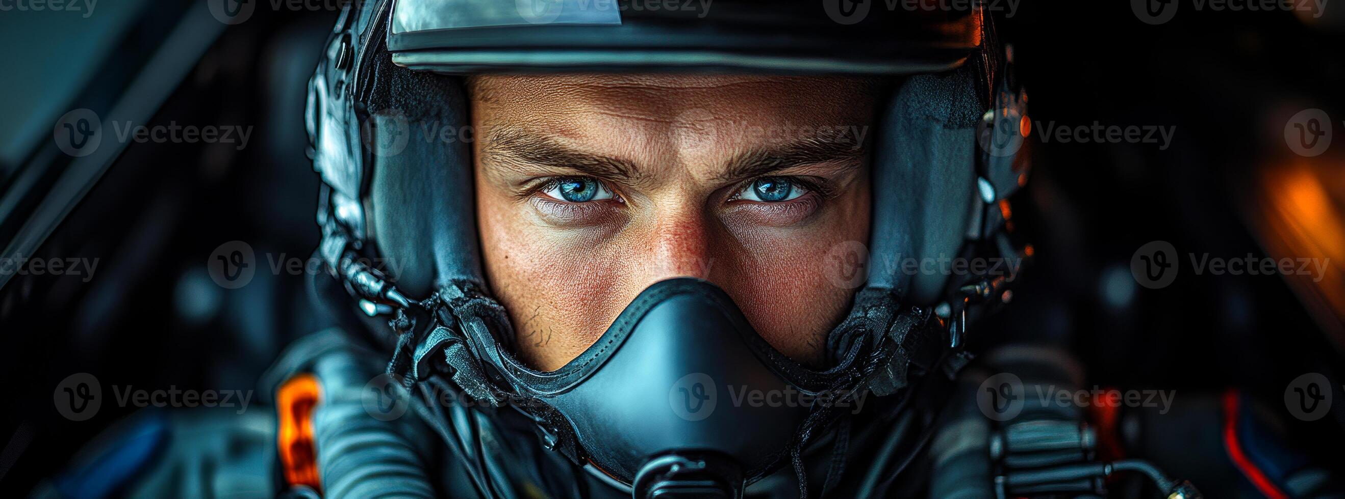 Pilot gearing up for mission. An experienced pilot focuses in the cockpit, ready for an upcoming flight, showcasing determination and skill. photo