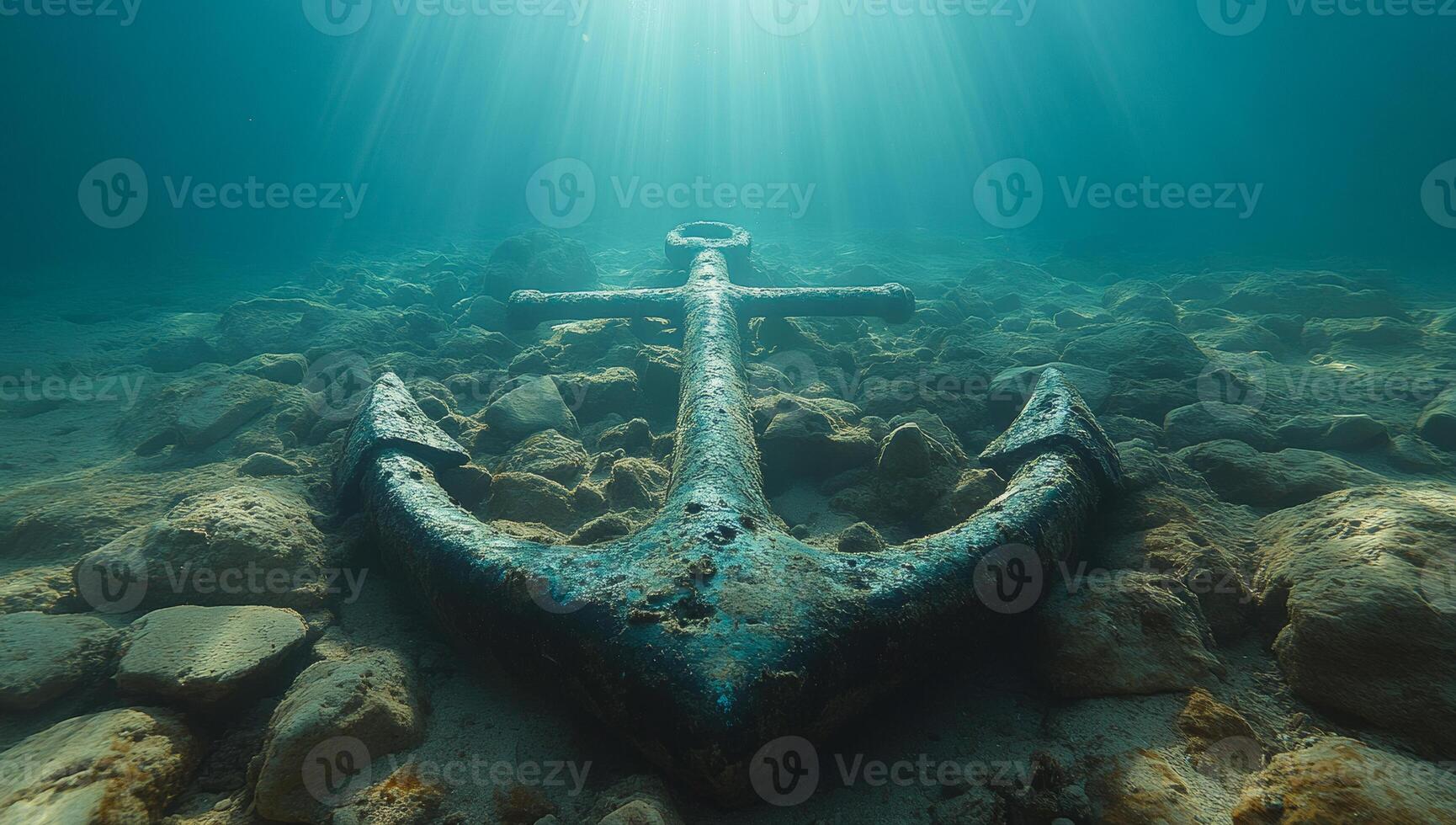Mysterious anchor resting on ocean floor. An old anchor lies among rocks on the ocean floor, sunlight filtering through water above, creating a serene atmosphere. photo