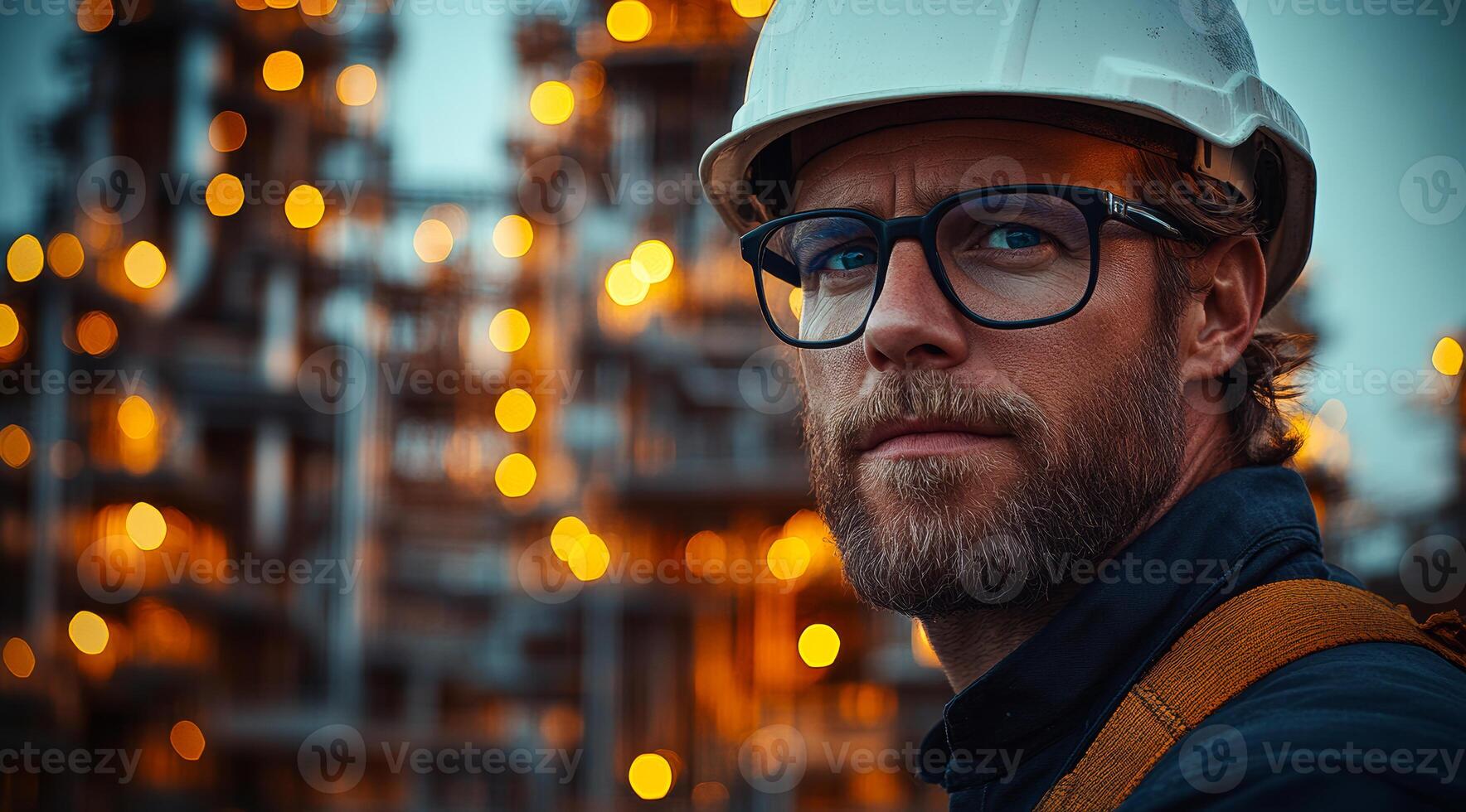 Worker at dusk with lights. A construction worker in a hard hat and glasses stands confidently at dusk, surrounded by glowing lights from buildings. photo