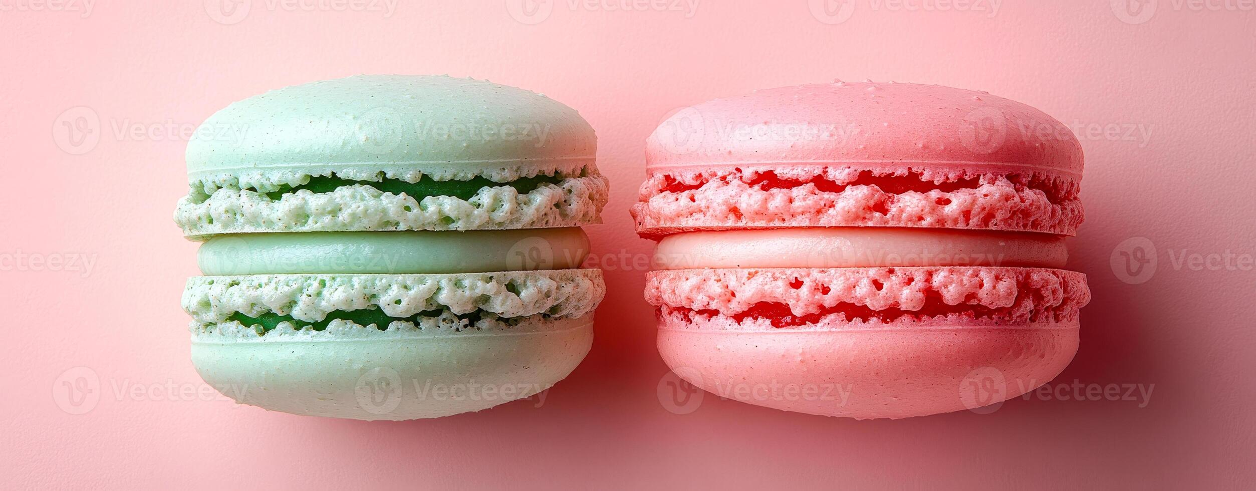 Pastel macarons on pink backdrop. Two colorful macarons, green and pink, rest on a soft pink background, highlighting their delicate texture. photo