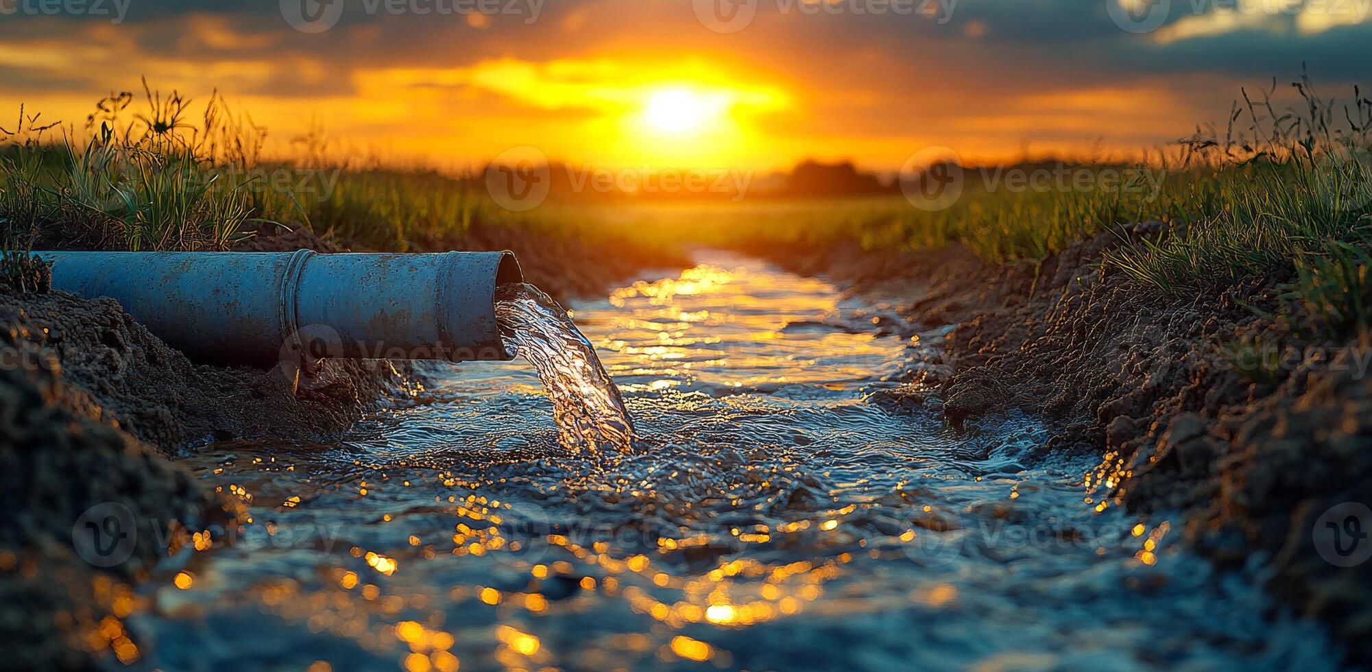 Water flowing from pipe at sunset. Water streams from a pipe into an open field during a vibrant sunset, illuminating the sky with warm colors. photo
