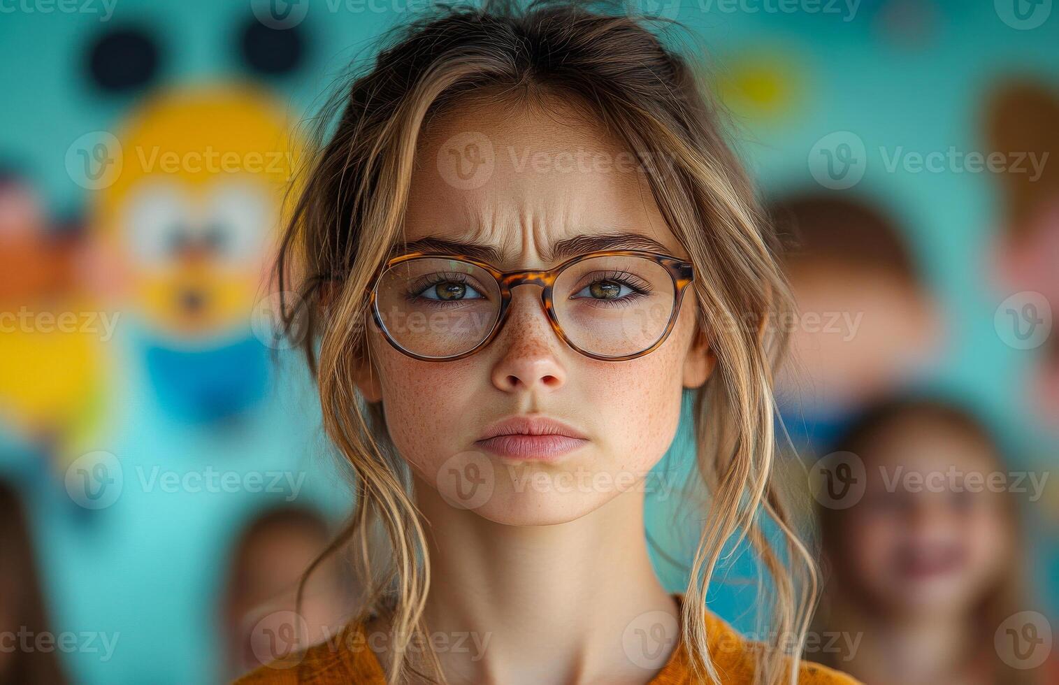 Serious girl in glasses. A girl with glasses shows a serious expression in front of a colorful mural, hinting at a thoughtful moment. photo