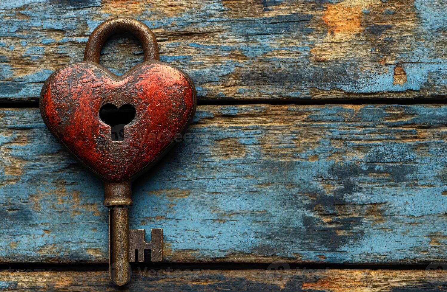 Heart-shaped padlock on weathered wood. A rusty heart-shaped padlock sits on old blue planks with a key, evoking love and security. photo