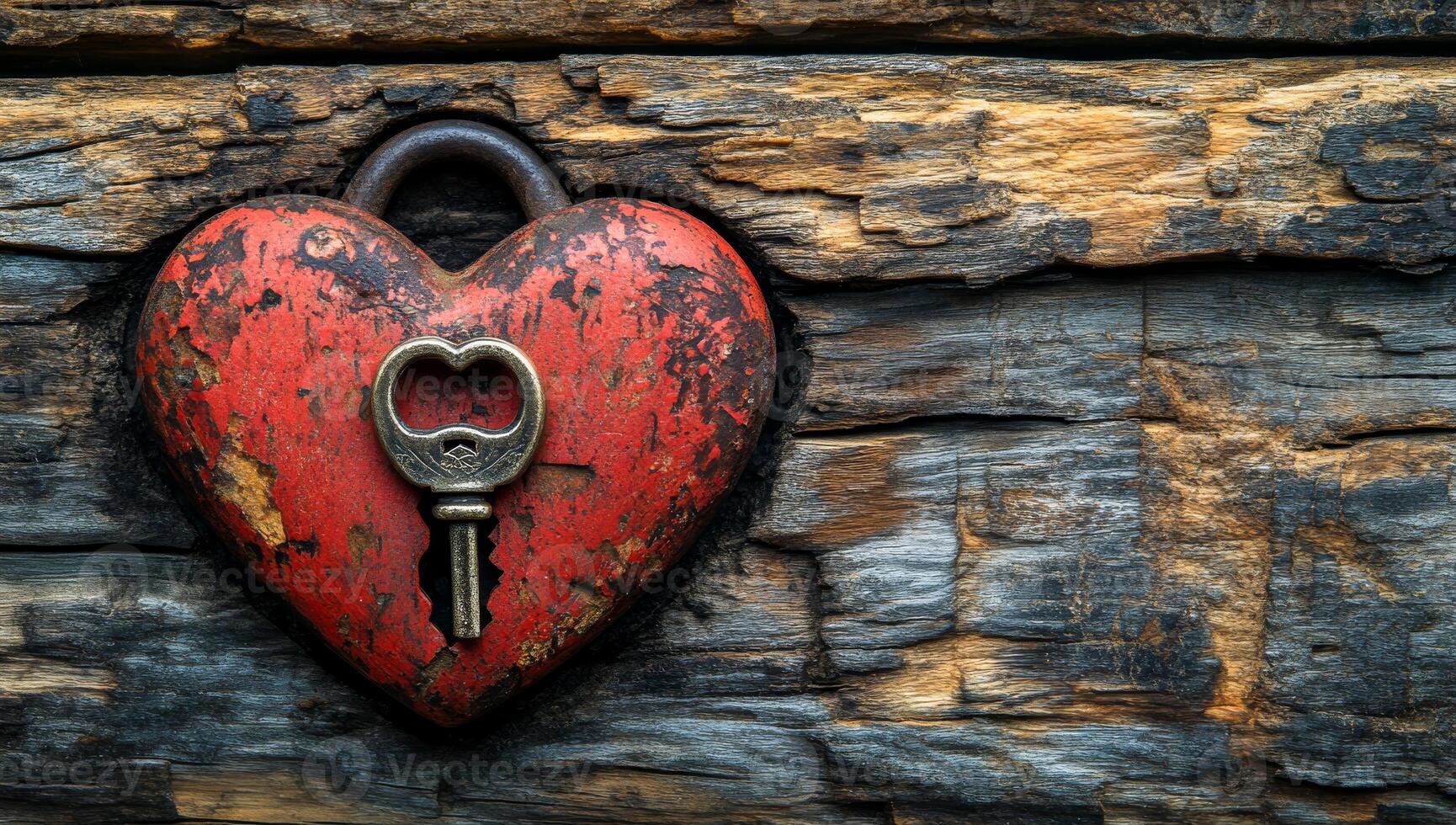Vintage heart-shaped padlock with key. A rustic heart-shaped padlock rests on weathered wood, symbolizing love and commitment with an old key nearby. photo