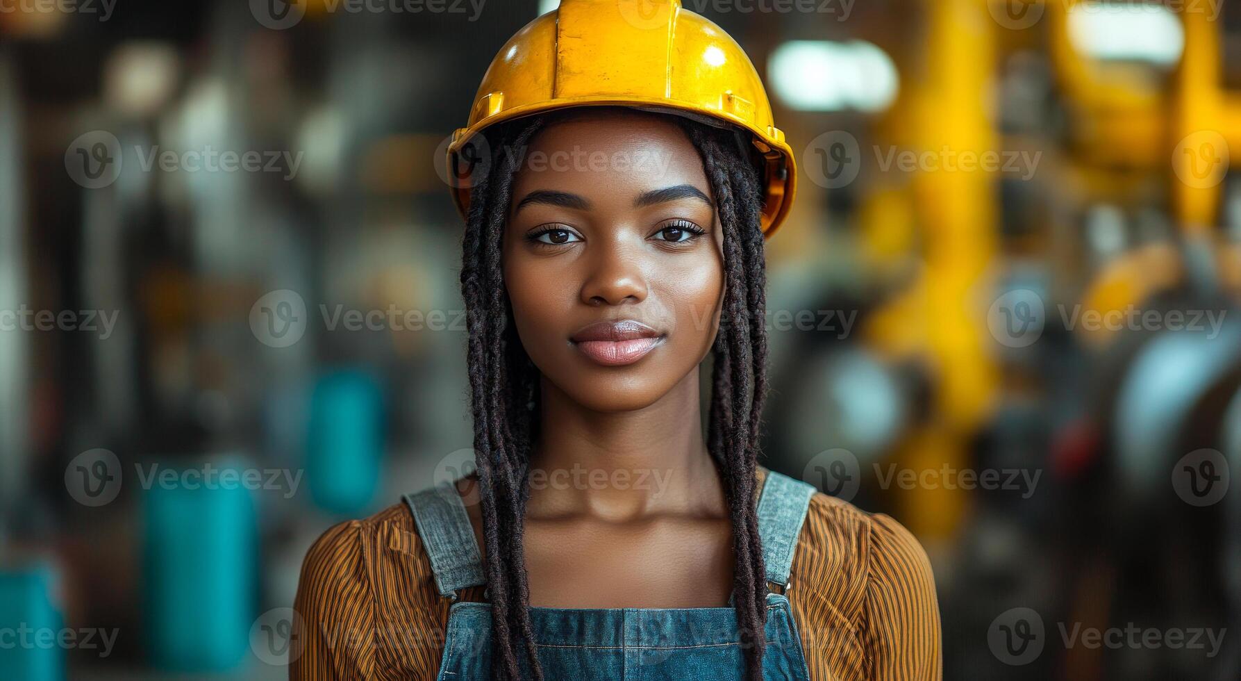 Young woman in hard hat, workshop. A young woman with braids wears a hard hat in a busy workshop filled with machinery and bright colors. photo
