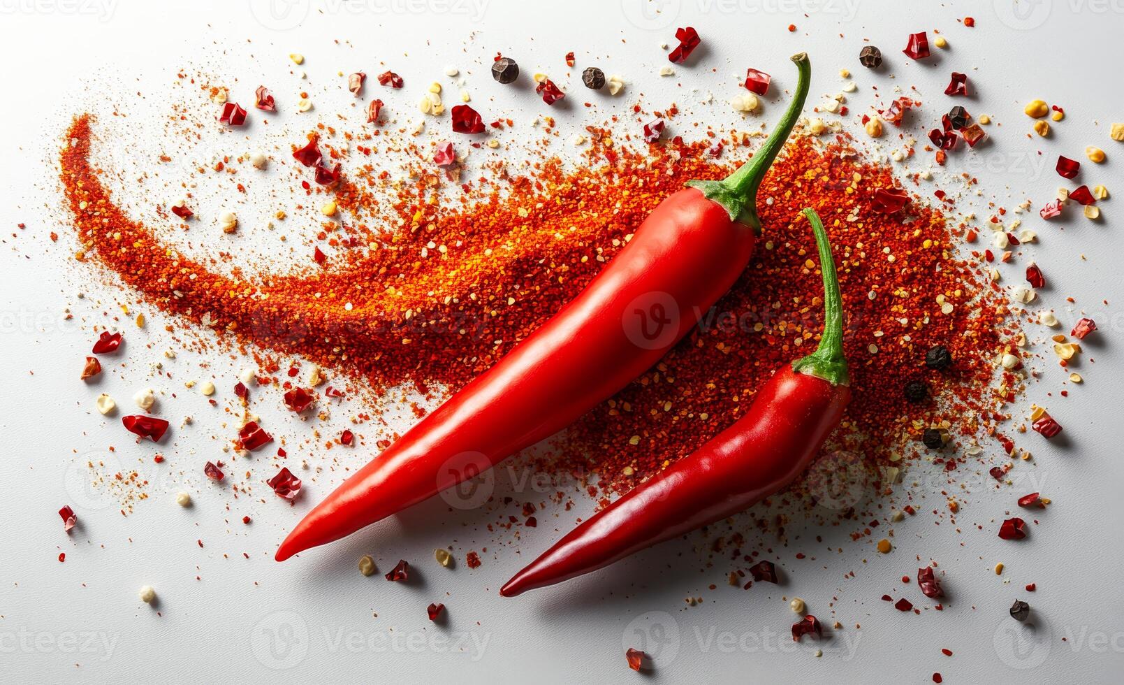 Spicy peppers in bright display. Fresh red chili peppers are beautifully arranged with a sprinkle of chili powder and dried flakes, emphasizing spice. photo