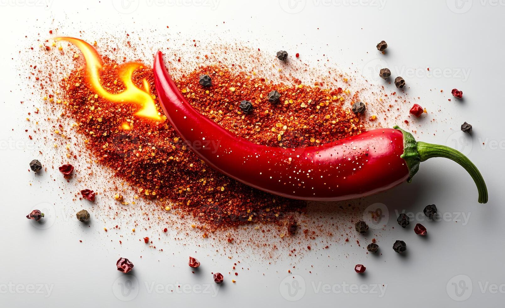 Red chili on spice blend. A bright red chili pepper sits on spice mix, surrounded by black peppercorns, showcasing vibrant colors. photo