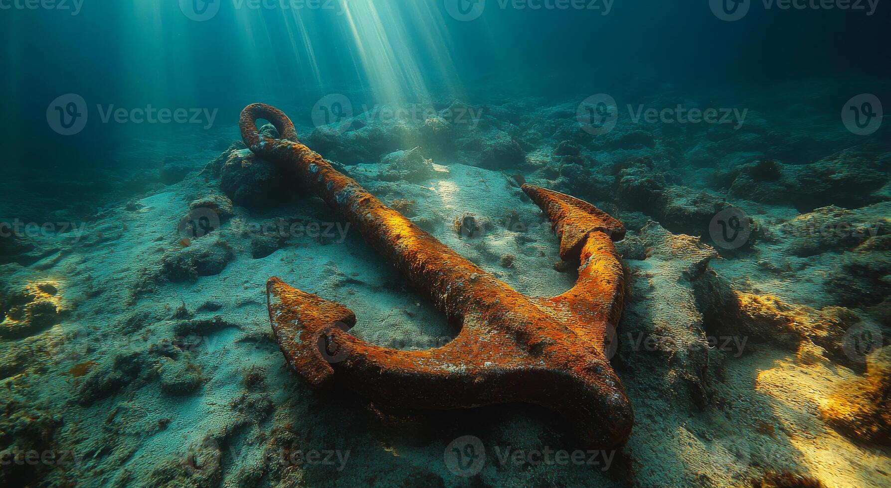 Underwater anchor rests on ocean floor. A rusty anchor rests on the sandy ocean floor, surrounded by rocks and sunlight filtering through the water. photo