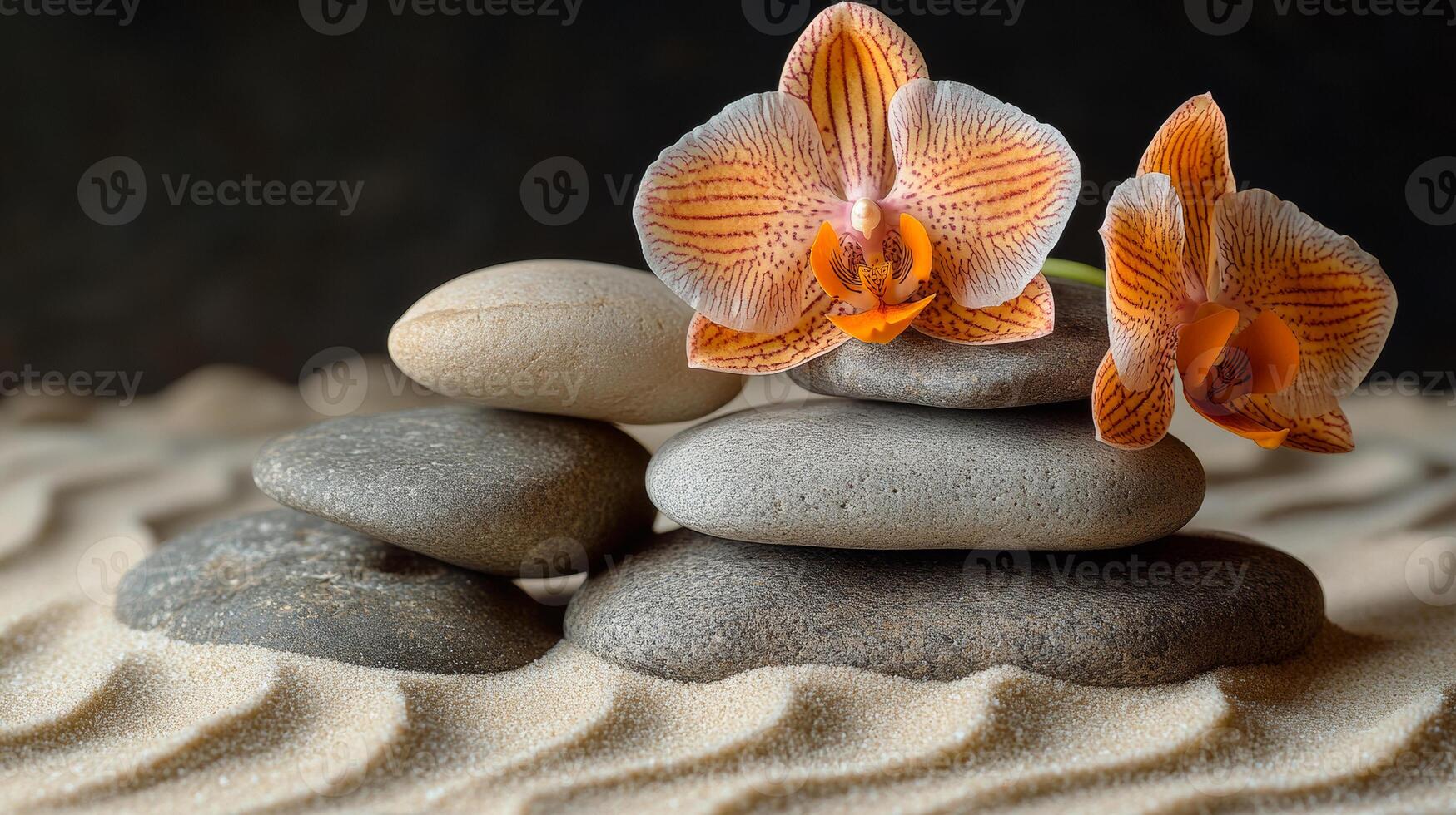 Tranquil stones and orchids in sand. Smooth stones are stacked artistically in fine sand, accompanied by vibrant orange orchids for a serene ambiance. photo