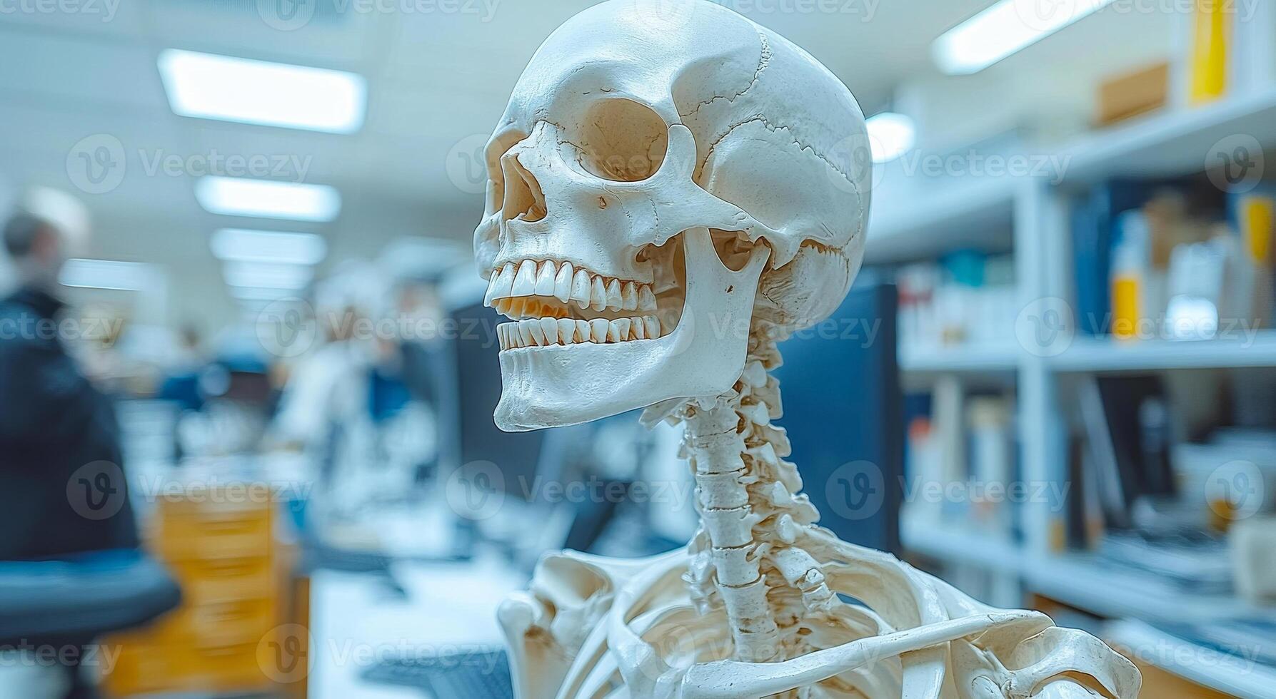 Skeleton model in lab. A detailed skeleton model displayed in a modern laboratory, with students and equipment visible in the background. photo