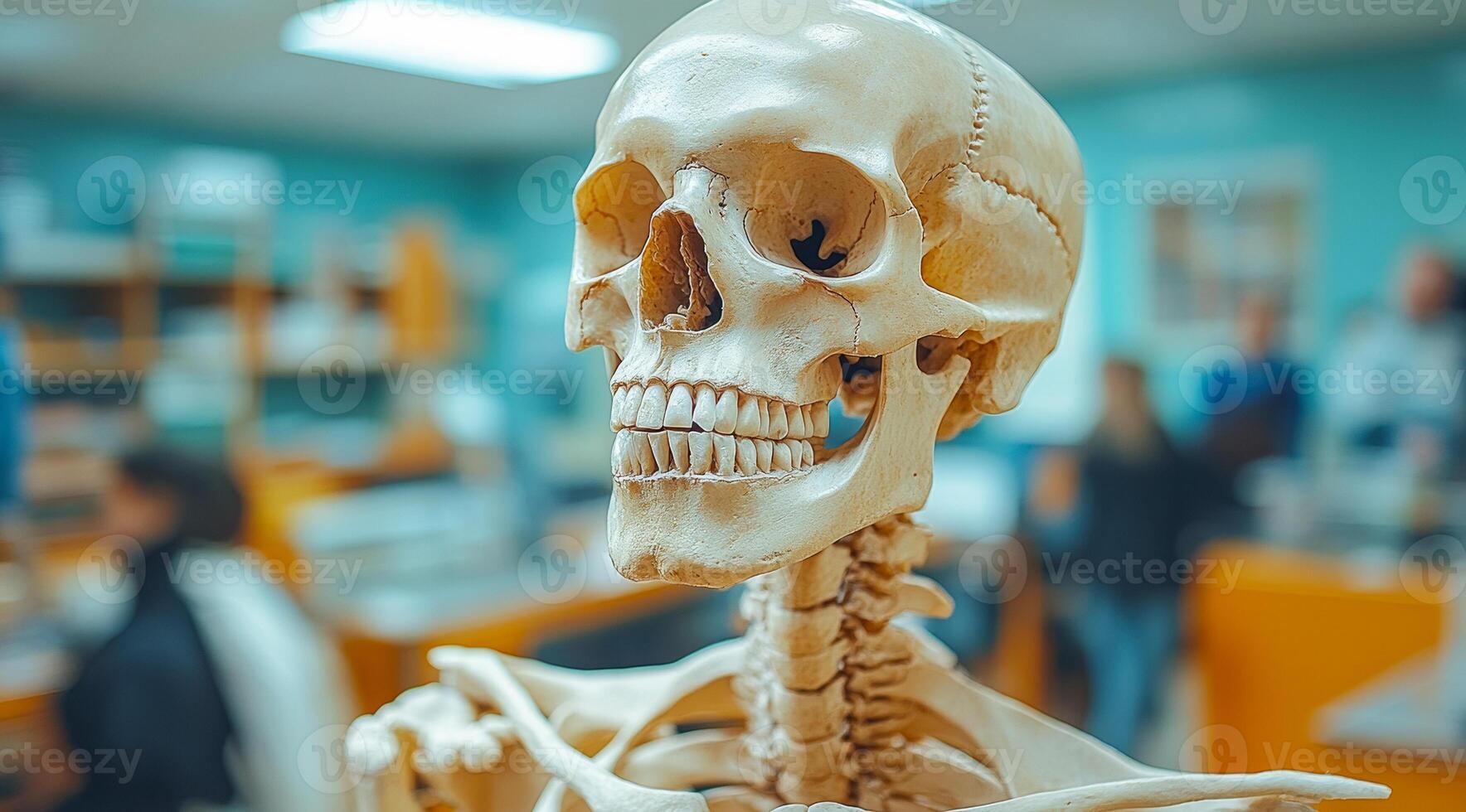 Human skeleton model display. A skeleton model is showcased in a classroom, providing a visual learning tool for students studying anatomy. photo