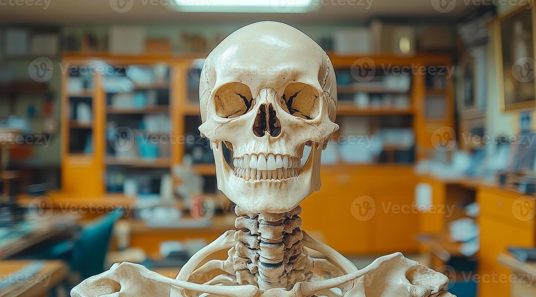 Skeleton model for teaching. A detailed skeleton model stands out in a tidy classroom filled with learning materials. photo
