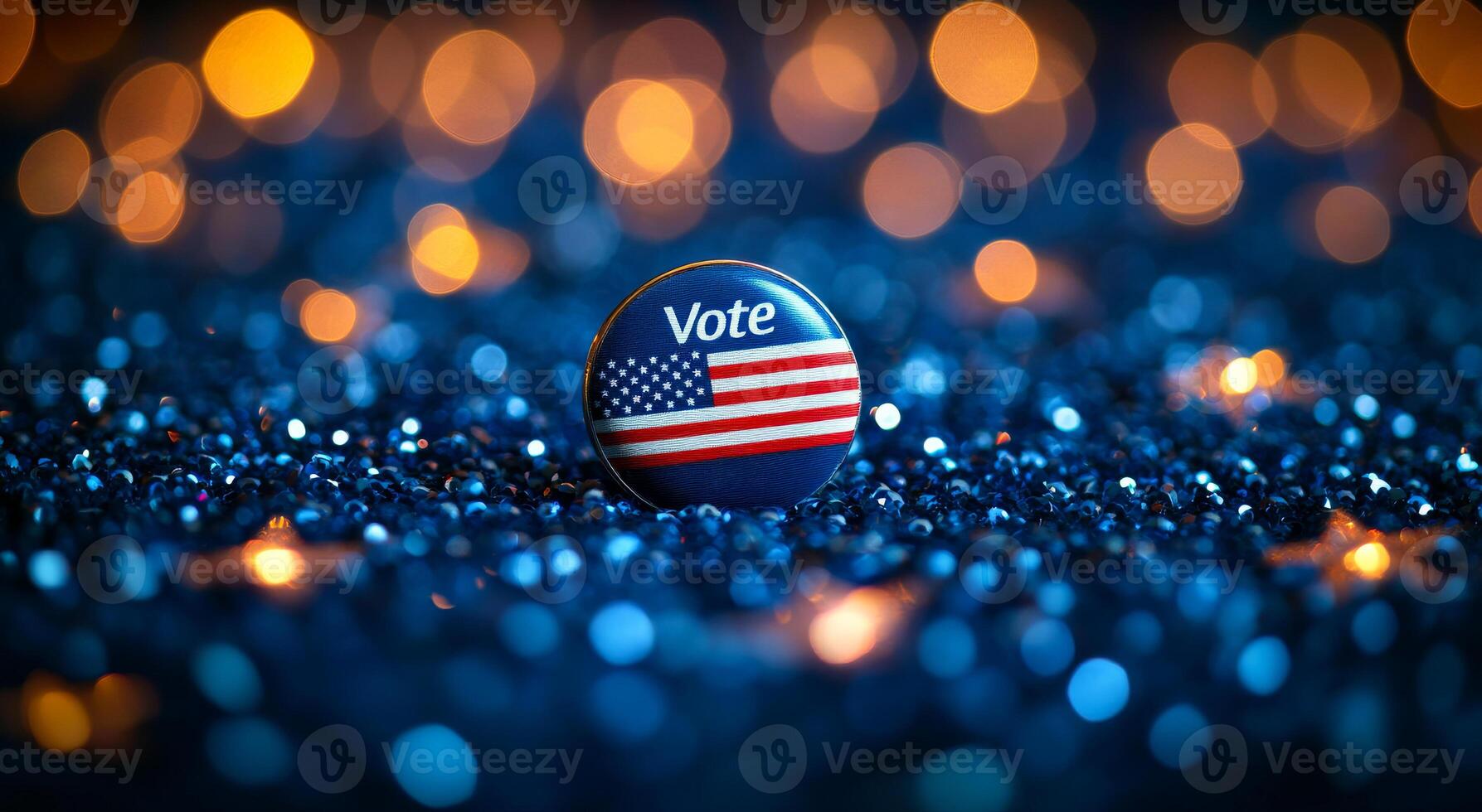 Vote button on a sparkling background. A vibrant Vote button with an American flag sits on a shiny blue surface, highlighting civic engagement. photo