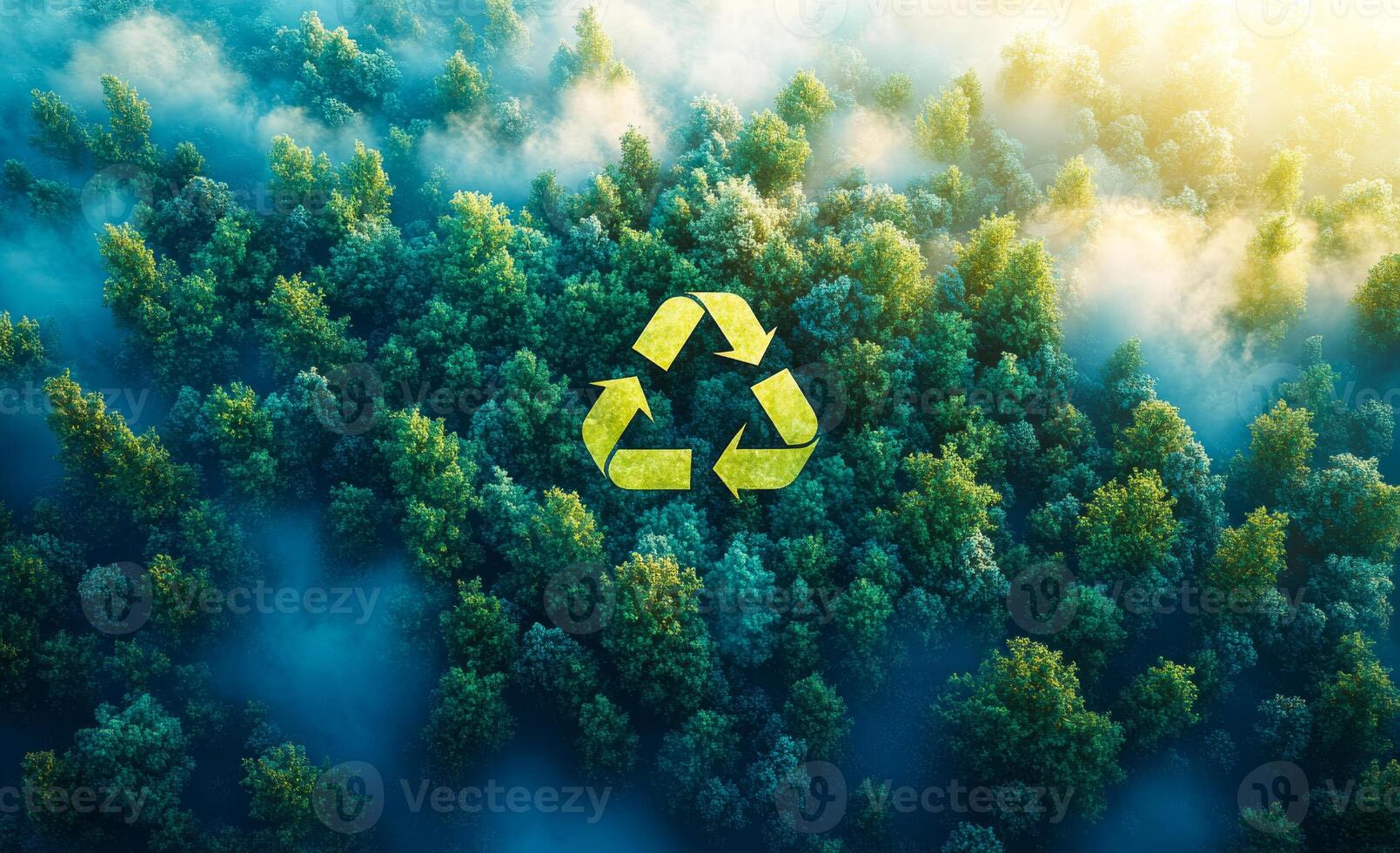 Recycling symbol over lush green forest. Golden sunlight filters through mist above a vibrant green forest with a recycling symbol in the center. photo