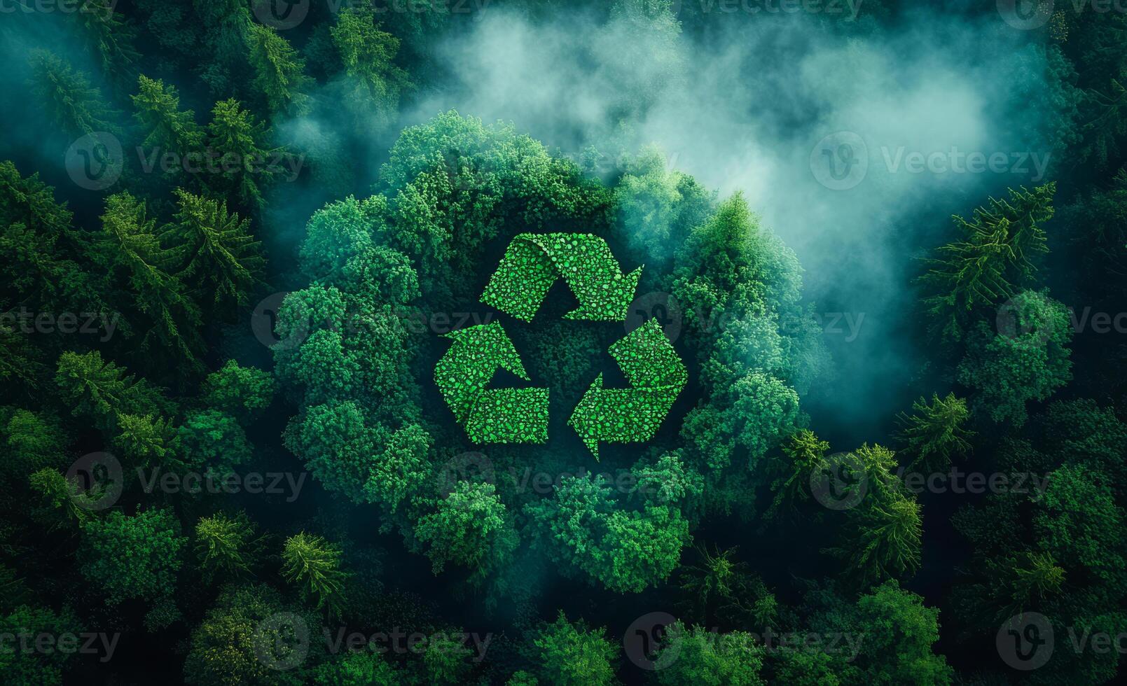 Forest, a symbol of sustainability. A vibrant forest features a large leaf-made recycle symbol, emphasizing nature's dedication to sustainability. photo