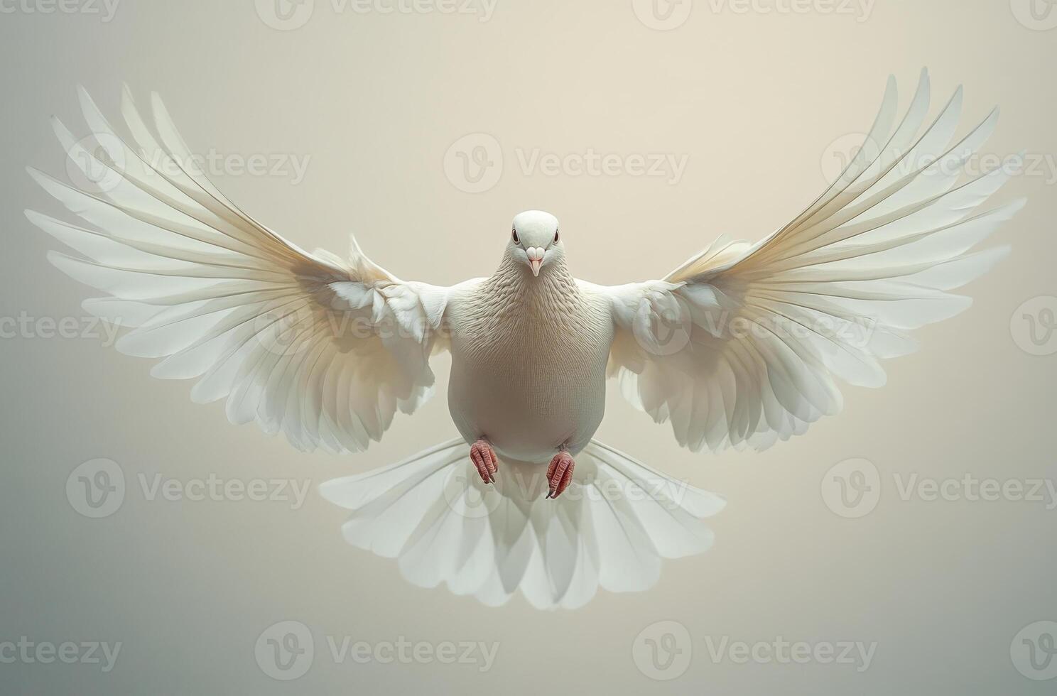 Dove soaring with wings spread. A white dove gracefully soars with wings outstretched against a soft backdrop, highlighting its elegance. photo