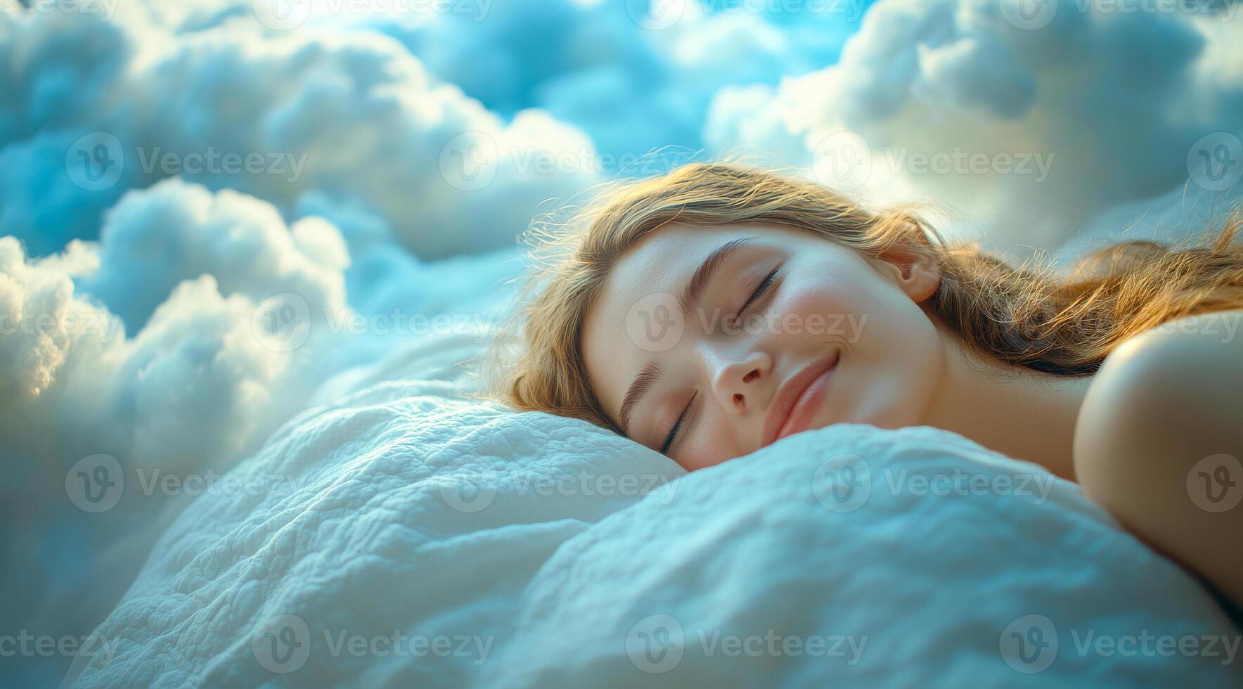 Girl peacefully resting in clouds. A girl lies contently on soft clouds, enjoying a tranquil moment of relaxation in a dreamy atmosphere. photo