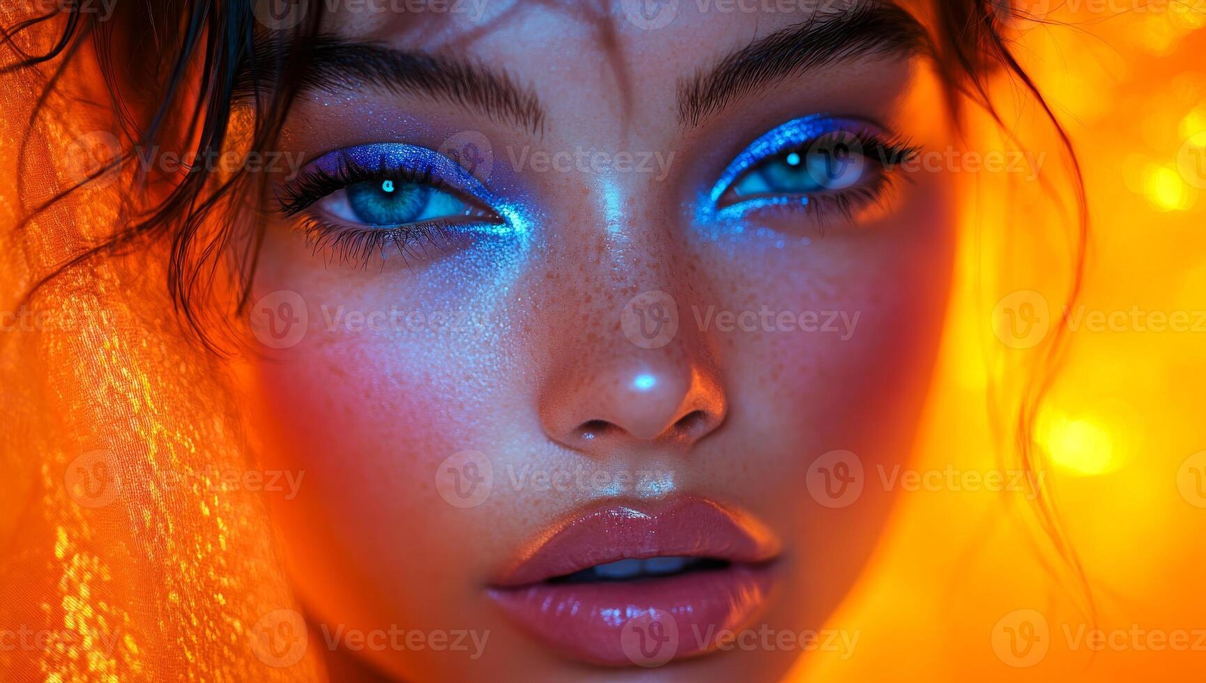 Expressive model with bold makeup. A model showcases striking blue eye makeup and glowing skin in a warm, illuminated setting during a creative photoshoot. photo
