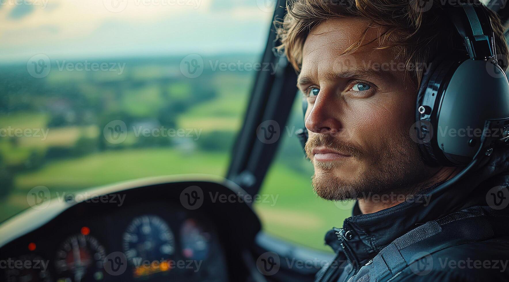 Helicopter pilot, landscape focus. A skilled helicopter pilot gazes out at the green fields during a flight, showcasing concentration and serenity. photo