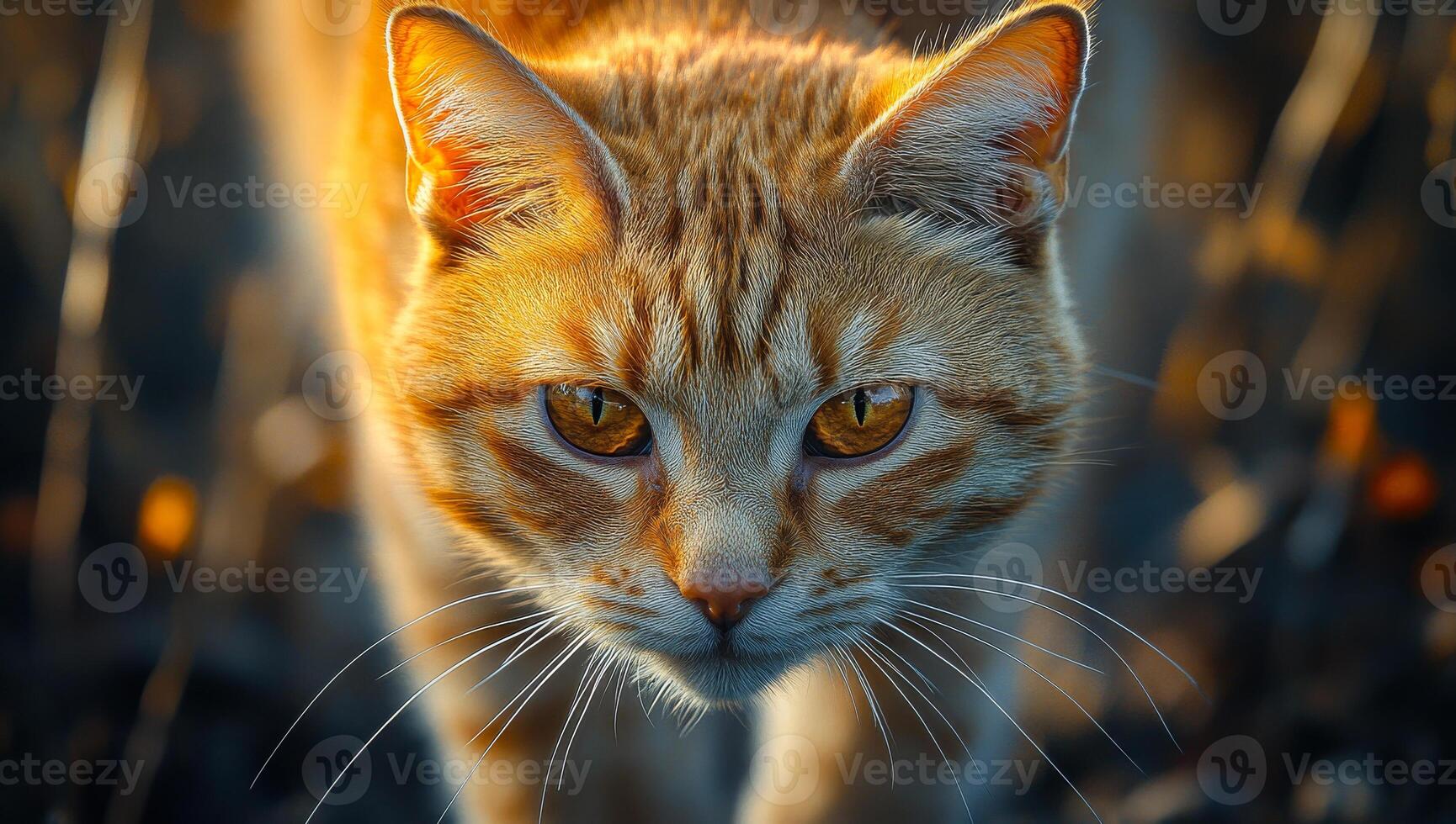 Amber-eyed cat in sunlight. A close-up of a focused orange tabby cat walking through tall grass during golden hour, showcasing its intense gaze. photo
