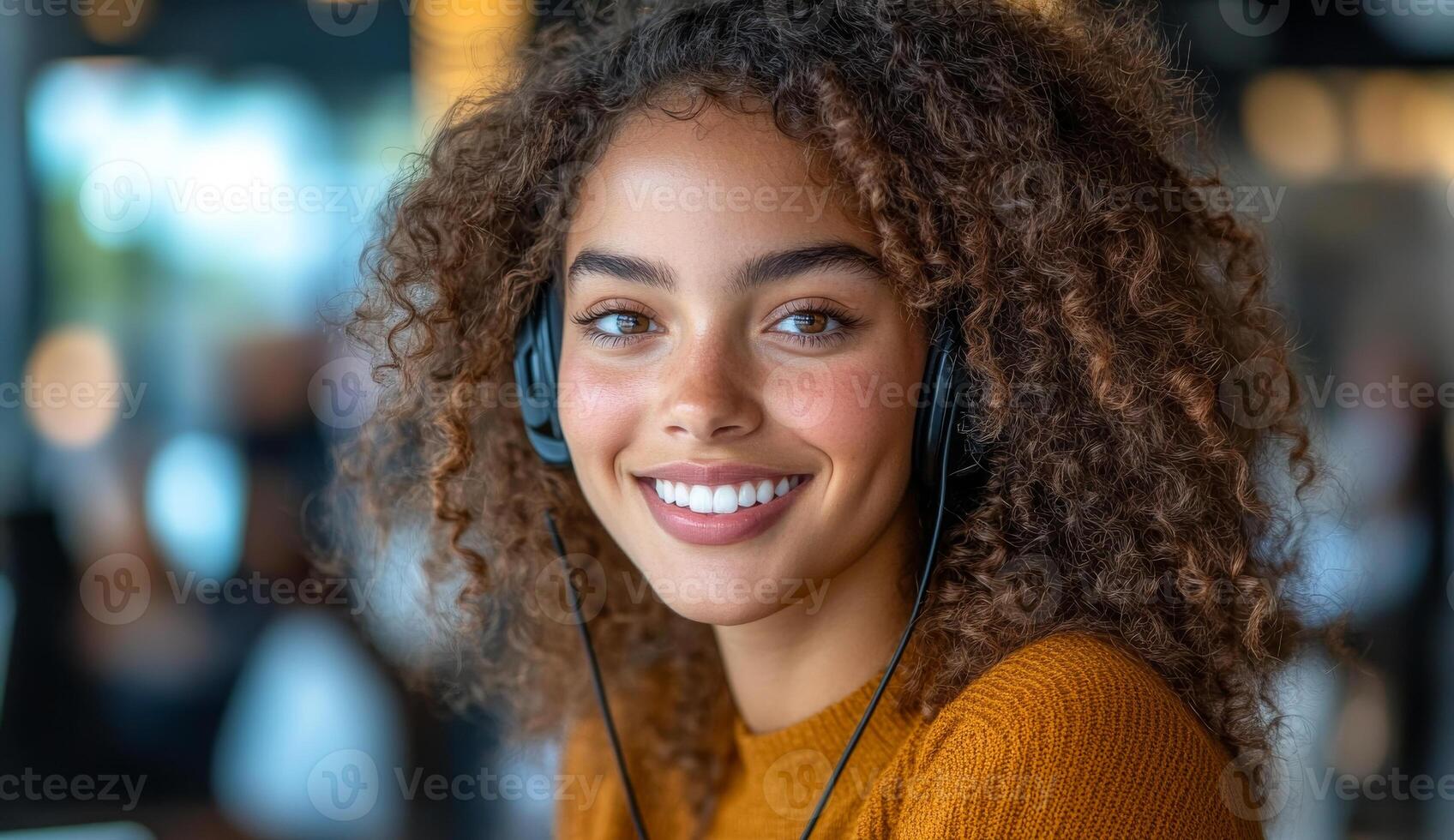 Curly-haired girl with headphones. Young woman enjoys music while sitting at a cafe table, exuding happiness and confidence during the day. photo