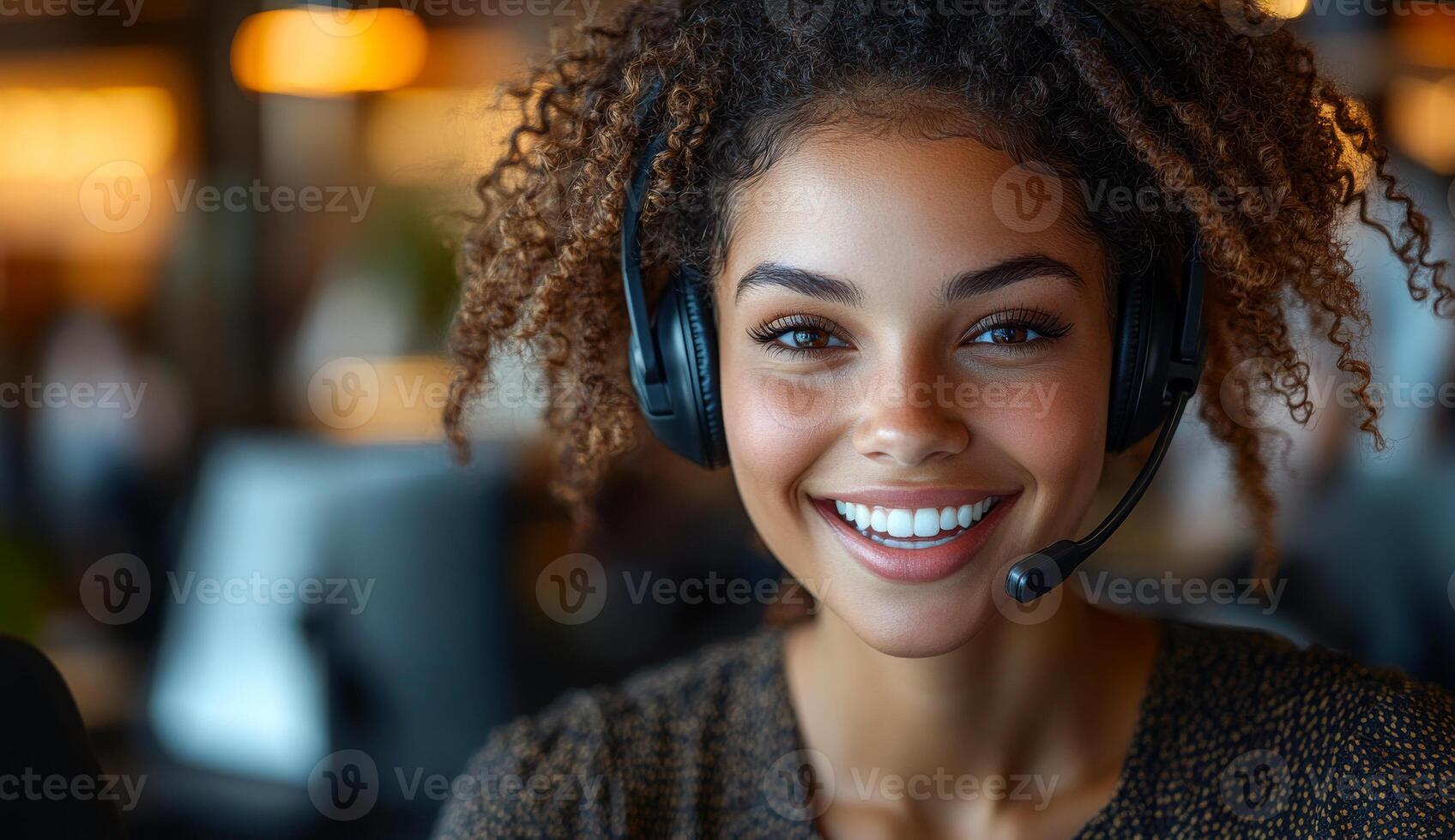 Smiling woman with headset at work. Young woman with curly hair smiles while engaged in a work task at a modern office with warm lighting. photo