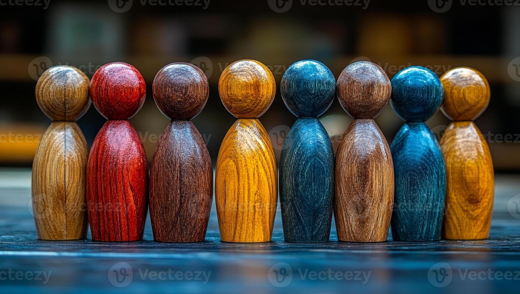 Colorful wooden figures lined up. Nine colorful wooden figures are arranged in a row on a wooden surface, displaying their unique shapes. photo