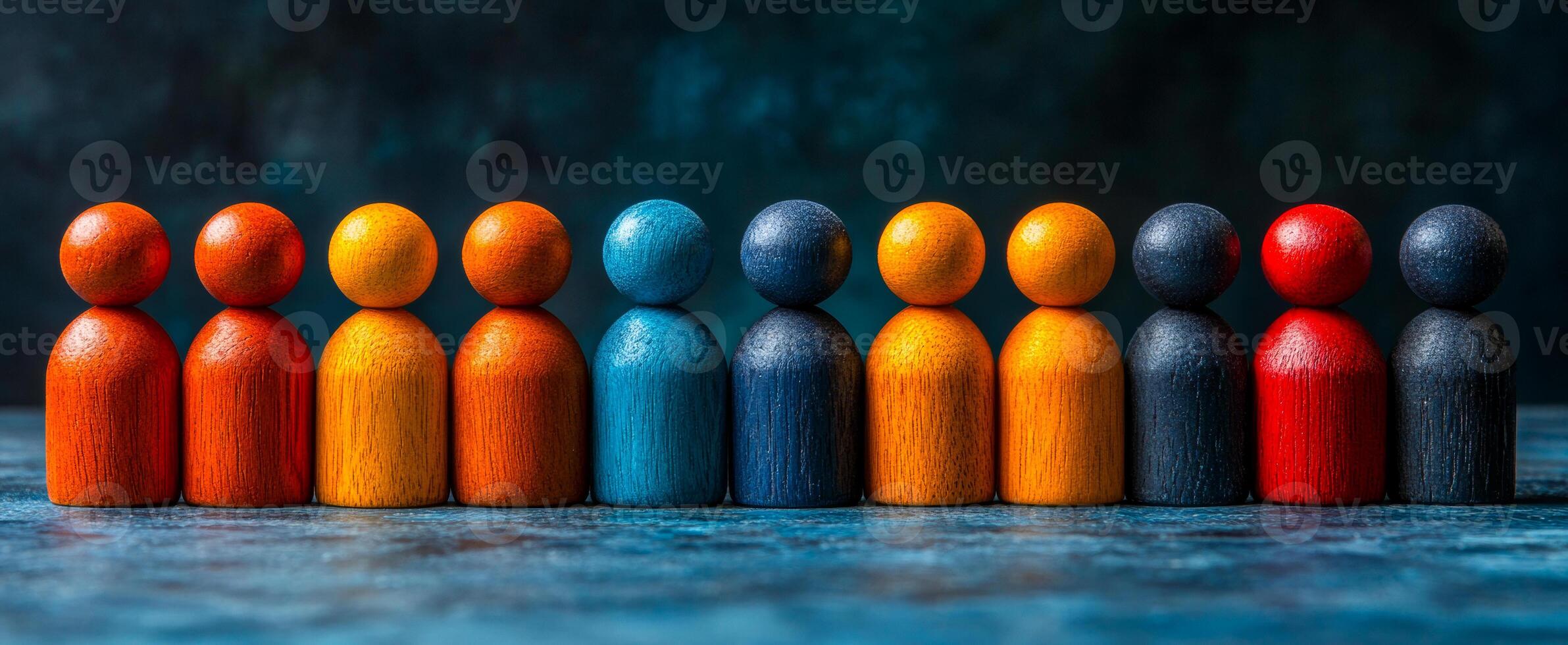 Colorful wooden figures in line. A neat arrangement of colorful wooden figures in various sizes stands out against a dark background. photo