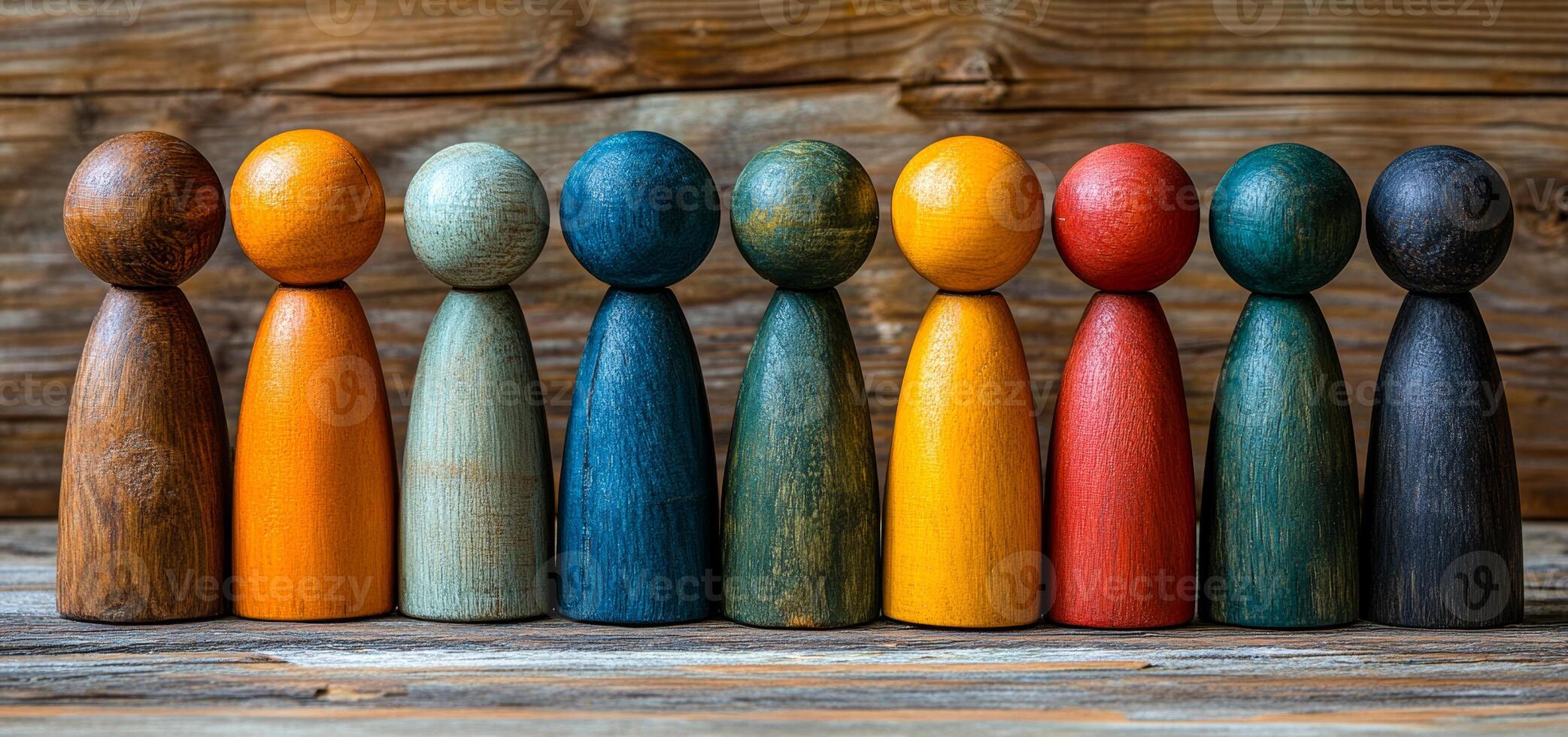 Colorful wooden figures in line. Brightly colored wooden figures line up on a rustic wooden surface, showcasing a variety of colors and shapes. photo