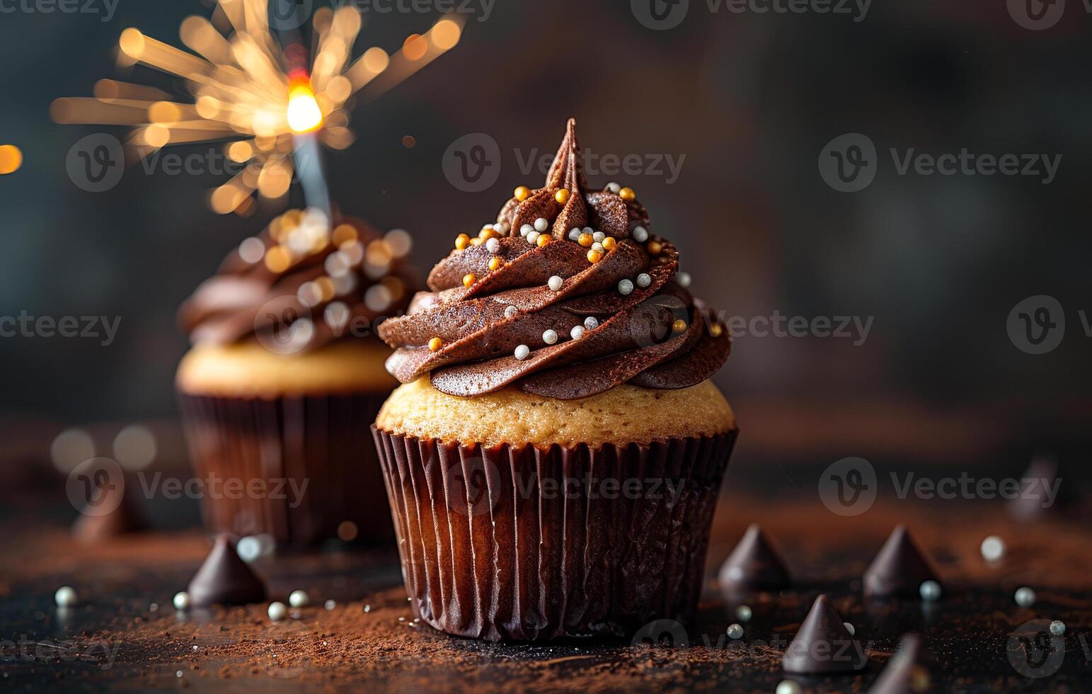 Festive decorated cupcakes. Rich chocolate cupcakes topped with swirled frosting and colorful sprinkles, illuminated by a sparkling candle. photo